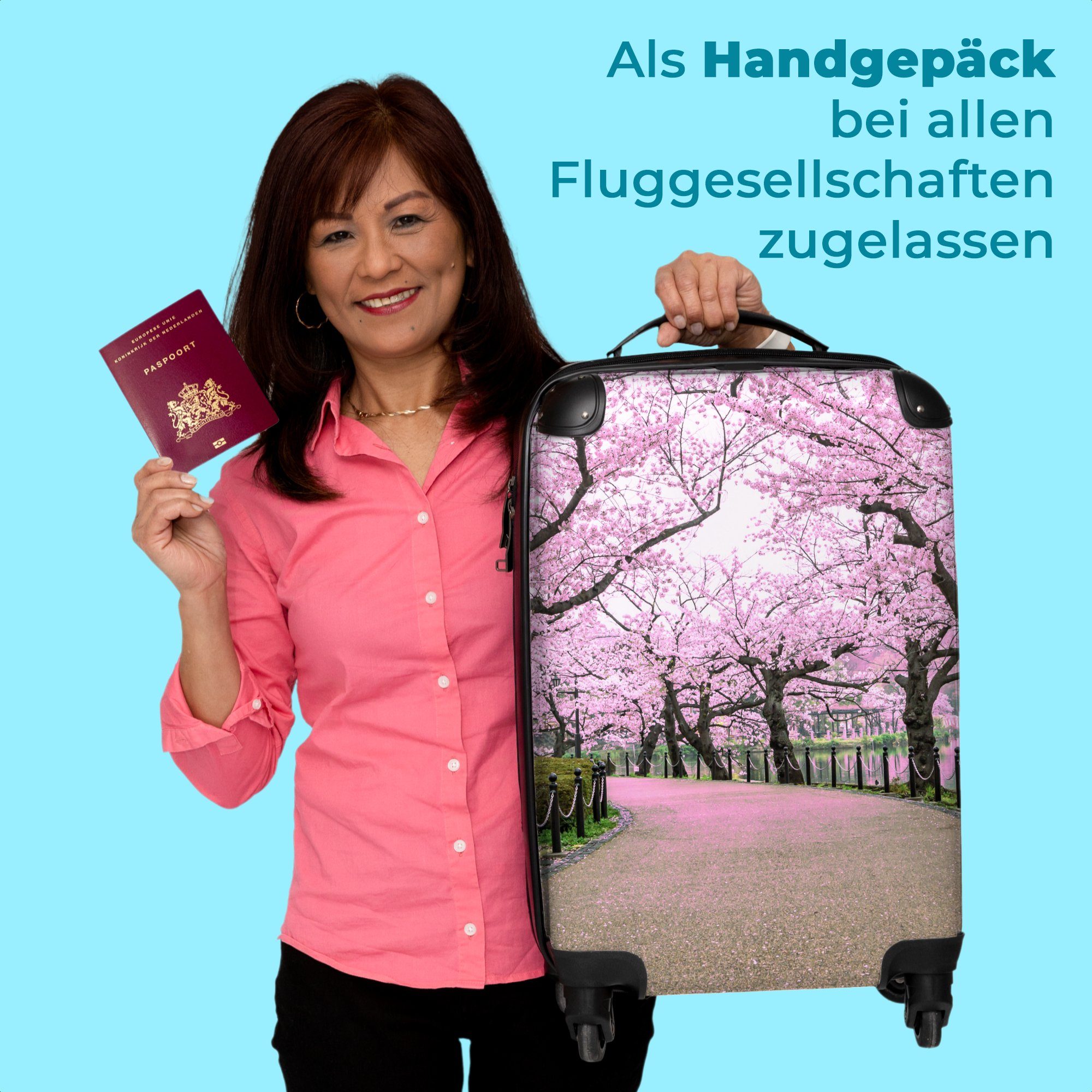 NoBoringSuitcases.com© Handgepäckkoffer 55x35x20cm Sakura 4 Blütenbaum - Blumen Rosa Frühling, Reisekoffer Rollen, - - Rollen Trolley - Cabin Handgepäck Rollkoffer 4 - mit Kleine