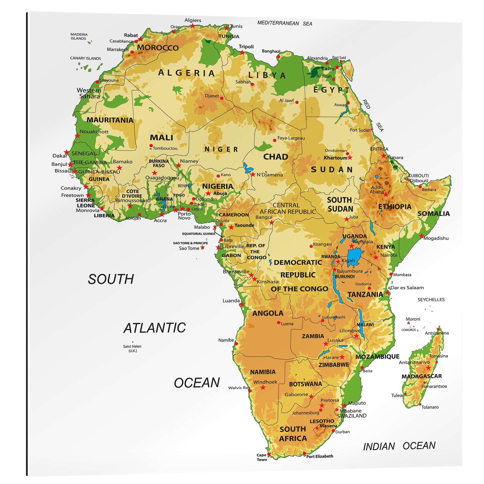 Posterlounge Wandbild Afrika - Topografische Karte (Englisch) II, Editors Choice, erhältlich als Poster, Leinwandbild, Wandsticker oder Acrylglasbild