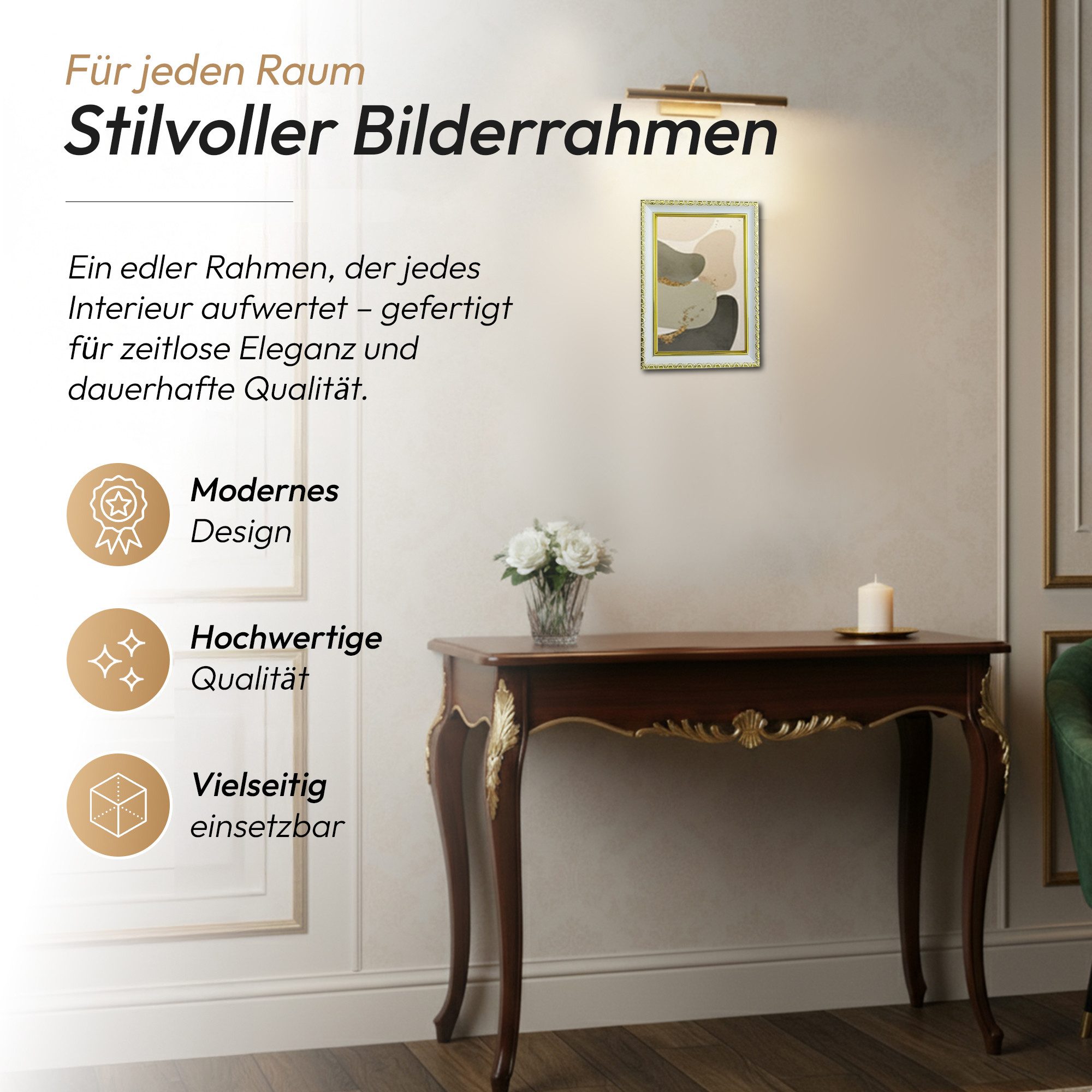 CABBEL Bilderrahmen CELI Barock Vintage Rahmen Antik Look Fotorahmen Fotos Poster Urkunde, für 1 Bilder, Elegant für Wohnzimmer, Büro, Gold / Weiß, Dekorativer Fotorahmen
