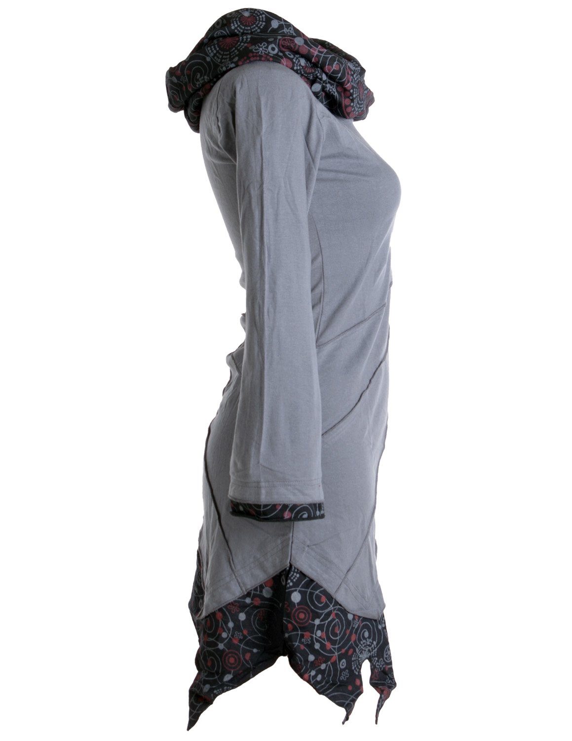 Vishes Jerseykleid aus Boho Ethno, Kleid grau Hippie, Asymmetrisches Schalkragen mit Baumwolle Style Goa