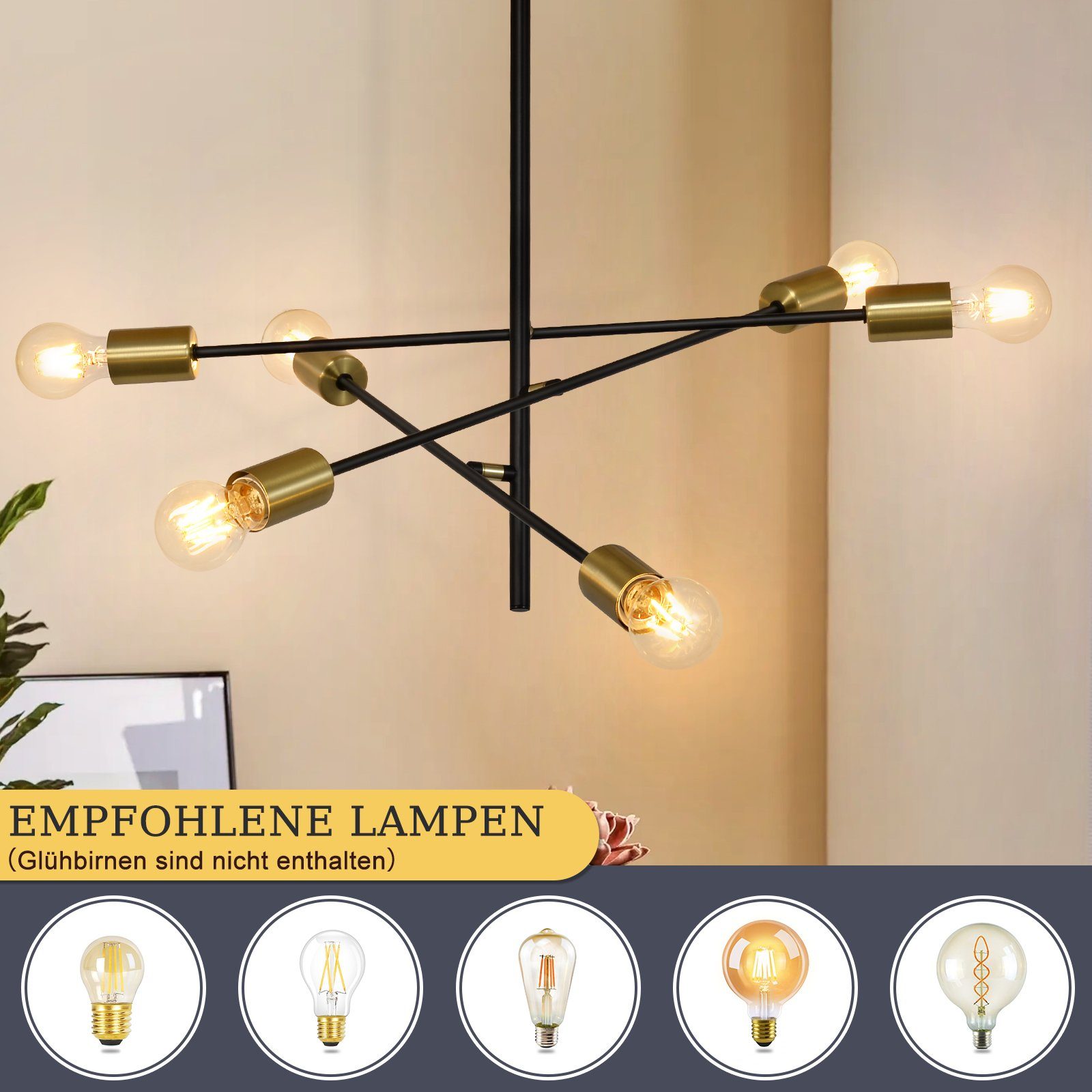 Nettlife Pendelleuchte 4/6 Flammig Schwarz E27 für Hängeleuchte, Esstisch Flexibler Leuchtmittel, Hängelampe Lampenmast, Schlafzimmer, Wohnzimmer Esszimmer 6 Flammig, Vintage mit GOLD ohne