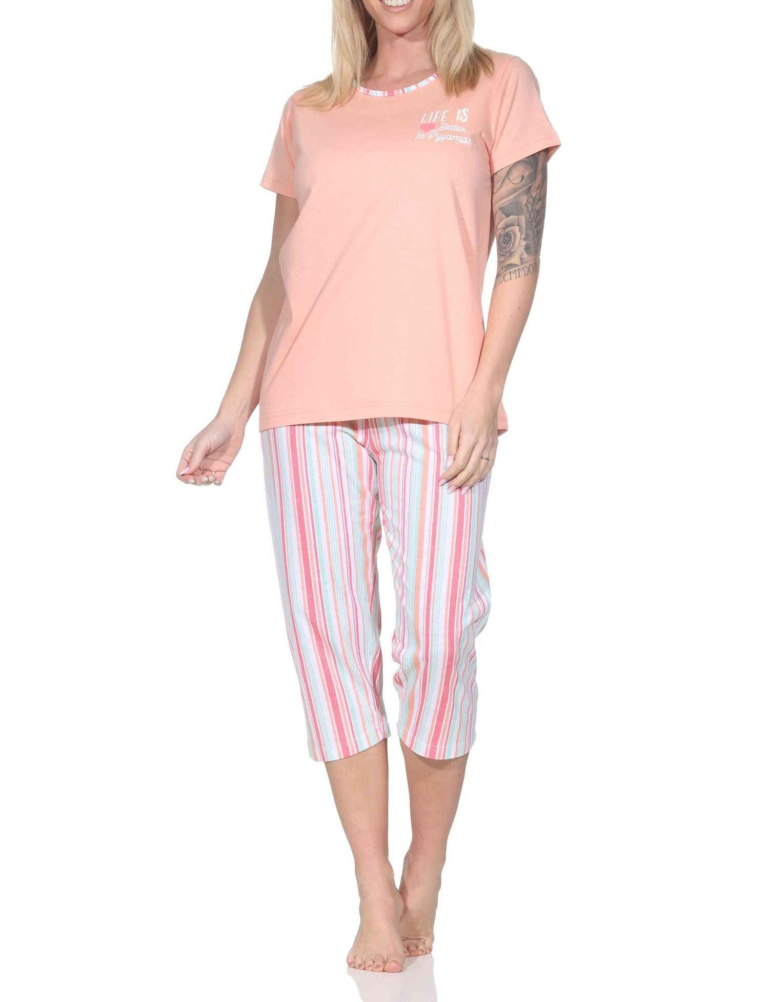 Normann Pyjama Normann Damen Schlafanzug kurzarm mit gestreifter Capri-Pyjamahose