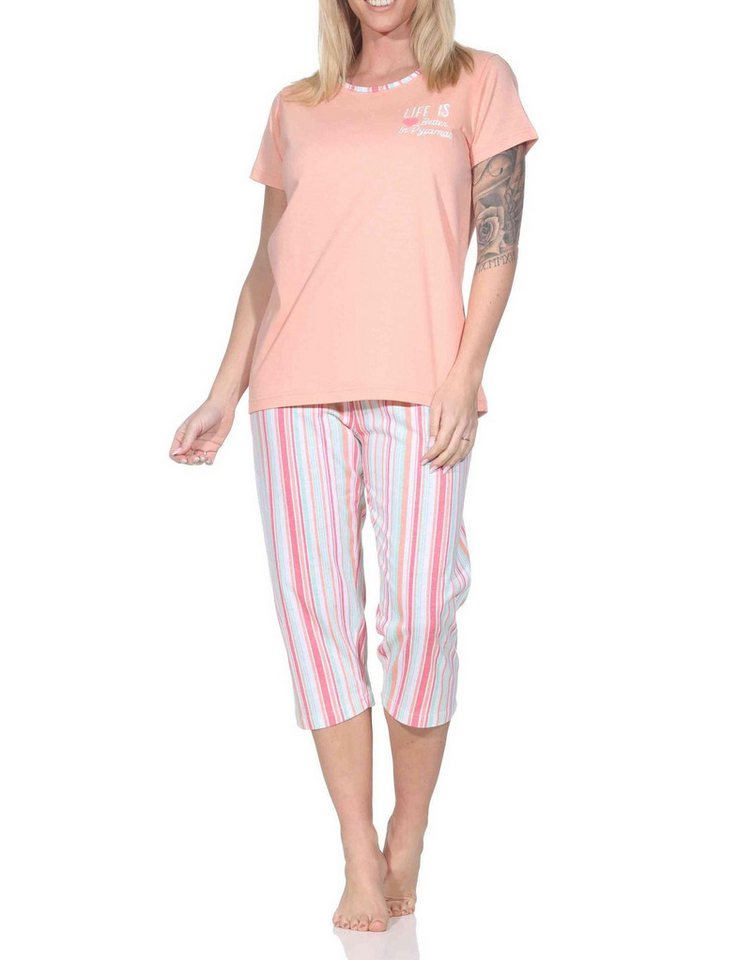 Normann Pyjama Normann Damen Schlafanzug kurzarm mit gestreifter Capri-Pyjamahose