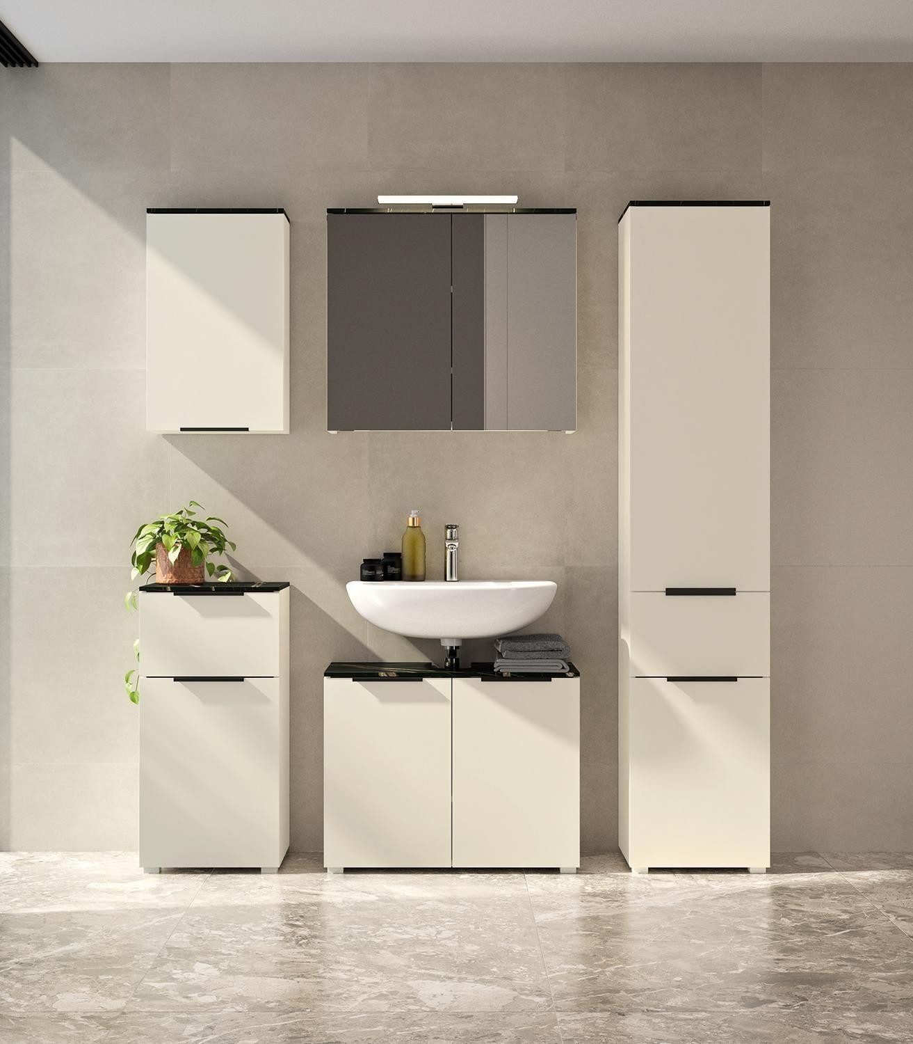 Composad Spiegelschrank PROMESSA, Cashmeregrau matt, Schwarz, Marmoroptik, 2 Spiegeltüren, LED-Aufsatzleuchte, B 70 x H 65 x T 22 cm