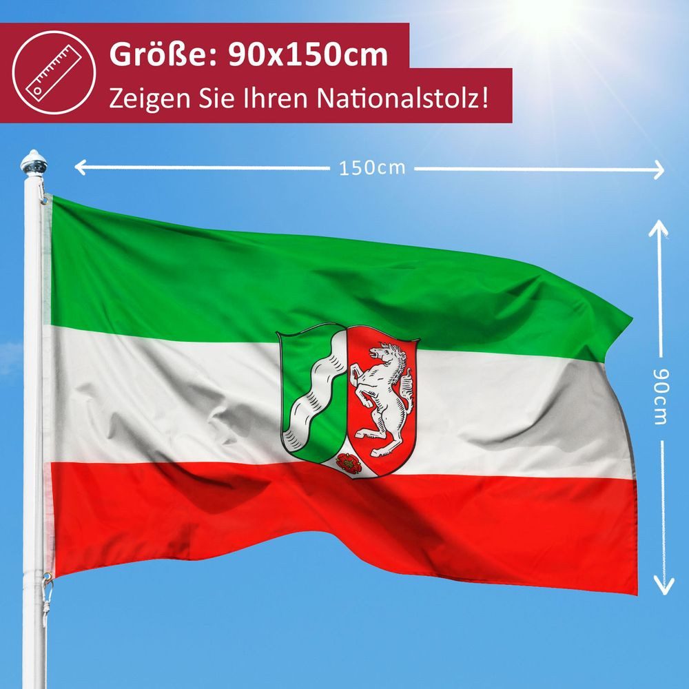 PHENO FLAGS Flagge Nordrhein Westfalen Flagge 90 x 150 cm NRW Fahne Wappen (Hissflagge für Fahnenmast), Inkl. 2 Messing Ösen