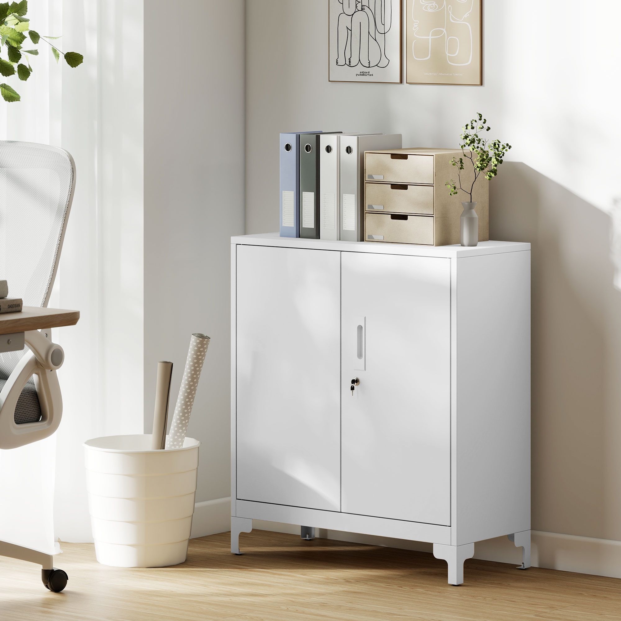 HOMCOM Aktenschrank Büroschrank Abschließbar Mehrzweckschrank mit 2 Ebenen, 2 Türen (Metallschrank, 1-St., Aufbewahrungsschrank) Allzweckschrank 80 x 35 x 91 cm Weiß