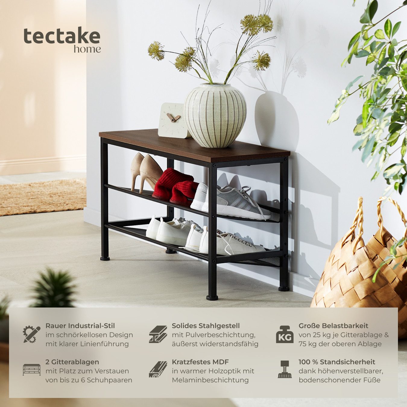 tectake Schuhregal Flurregal aus Holz und Stahl, 75,5 x 30,5 x 45,5 cm, Schuhablage mit Gitterablagen Derry 1-tlg., Ablage und 2 Gitterablagen, mit höhenverstellbaren Kunststofffüßen