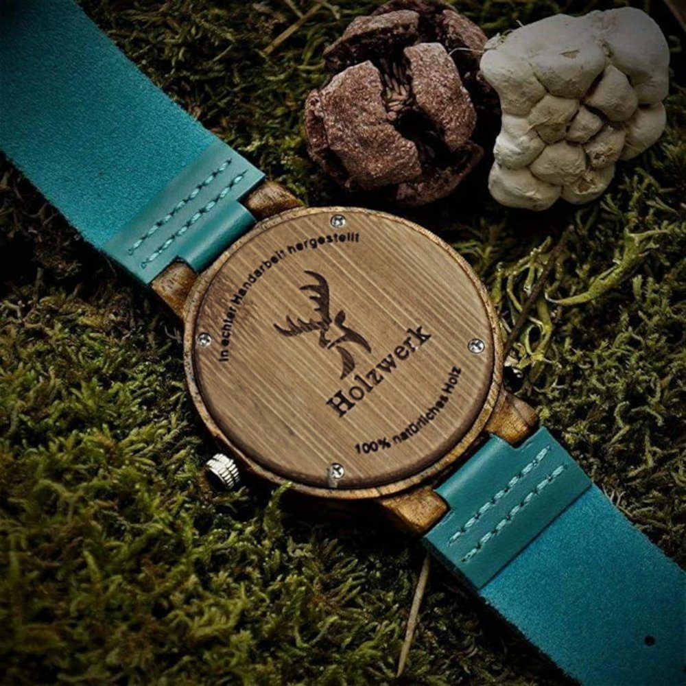 Holzwerk Quarzuhr KAHLA große Damen Leder & Holz Armband Uhr, türkis blau, braun KAHLA
