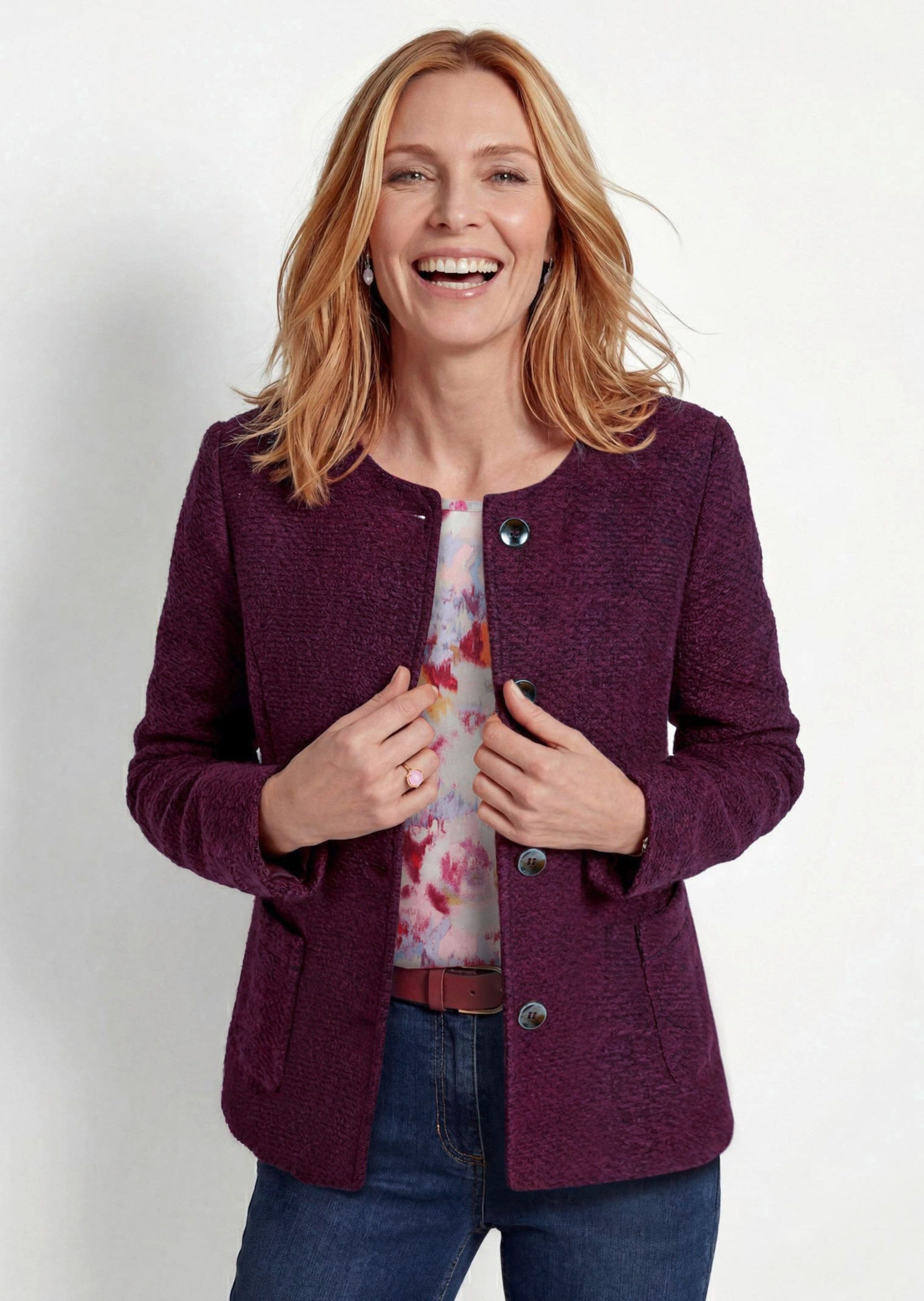 GOLDNER Jerseyblazer Festlicher Blazer in Bouclé-Optik Feminine Jacke mit Rundhals, Langarm und Knopfleiste