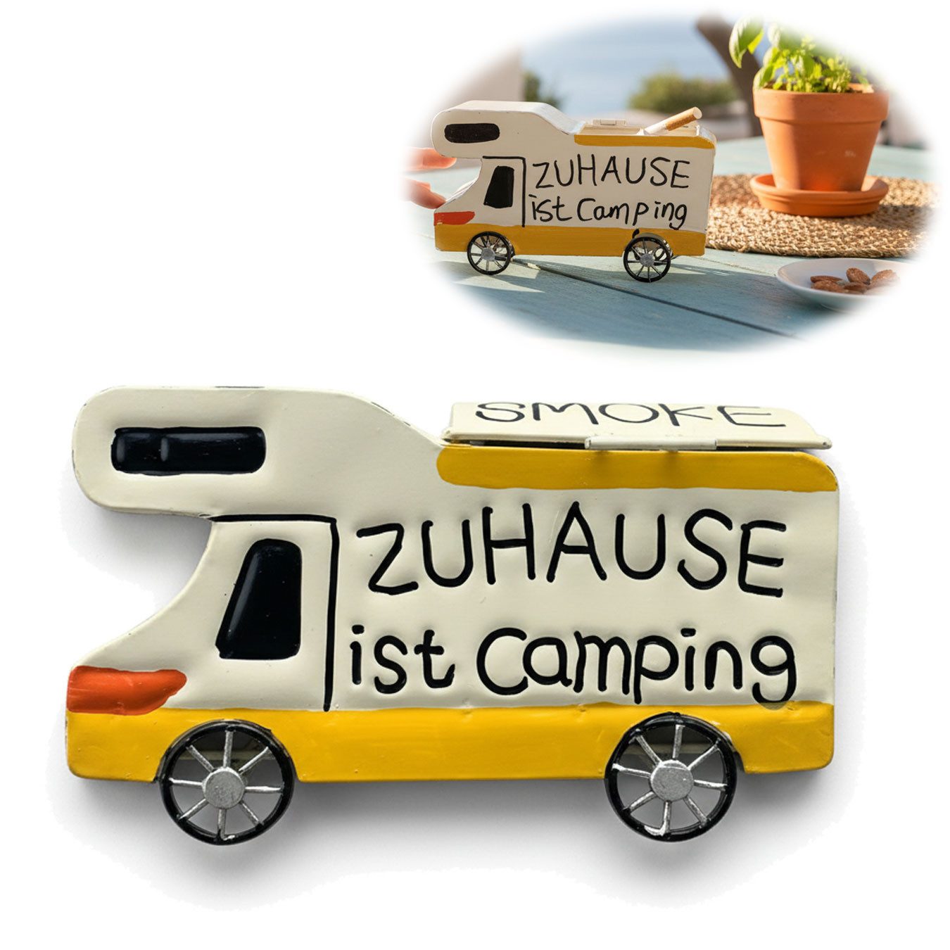 LS-LebenStil Aschenbecher XL Sturmaschenbecher Metall Camper 19x12cm Windaschenbecher Ascher, mit Deckel Klappdeckel Vintage Camper Camping Ashtray Garten Balkon