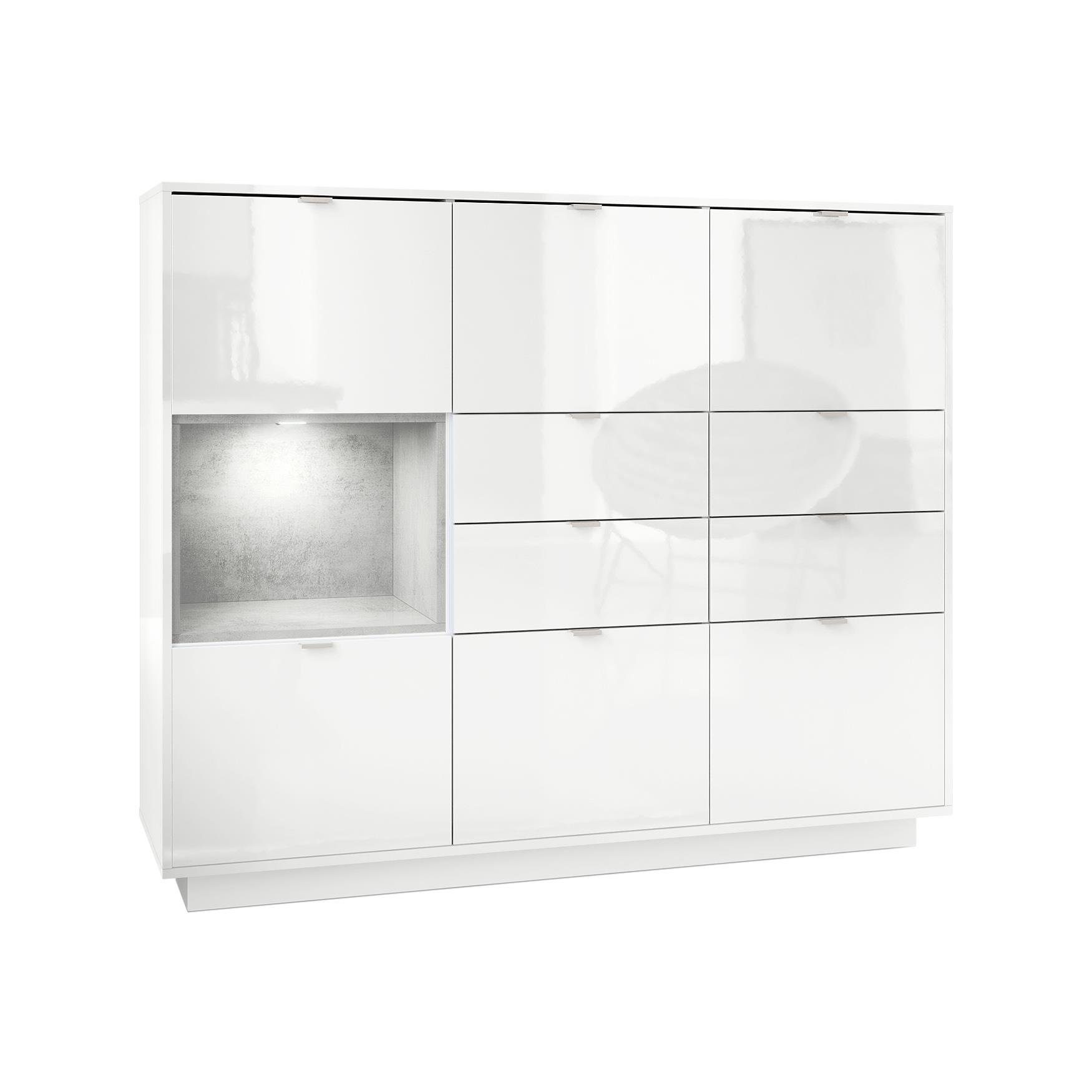 Vladon Highboard Metro (Highboard, mit 6 Türen, 4 Schubladen und 1 offenem Fach), Weiß Hochglanz/Beton Oxid Optik inkl. LED Beleuchtung (153x123x38 cm)