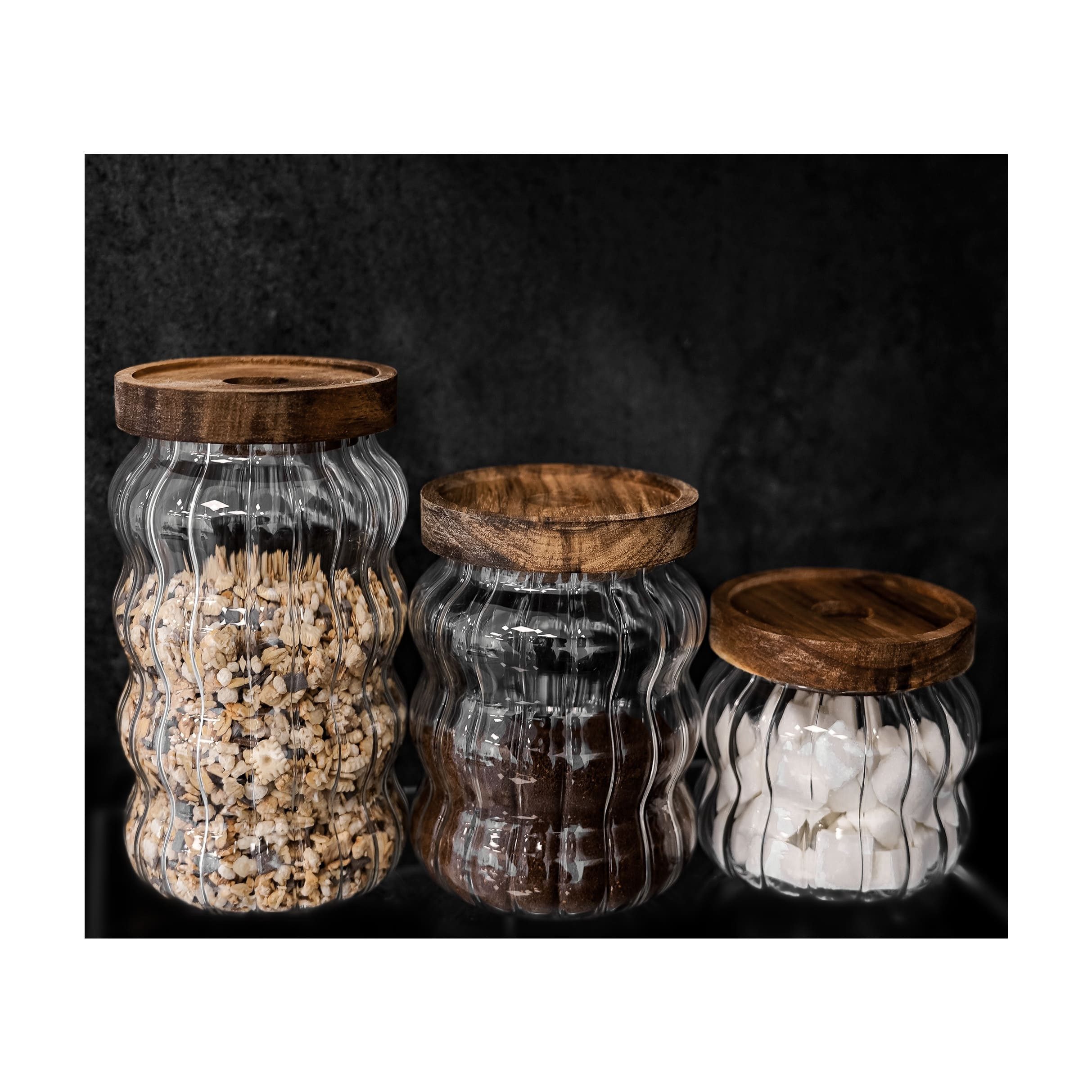 Mulex Vorratsglas 3erSet mit luftdichtem Holzdeckel aus Borosilikatglas Wave-Style – Bild 5 von 5