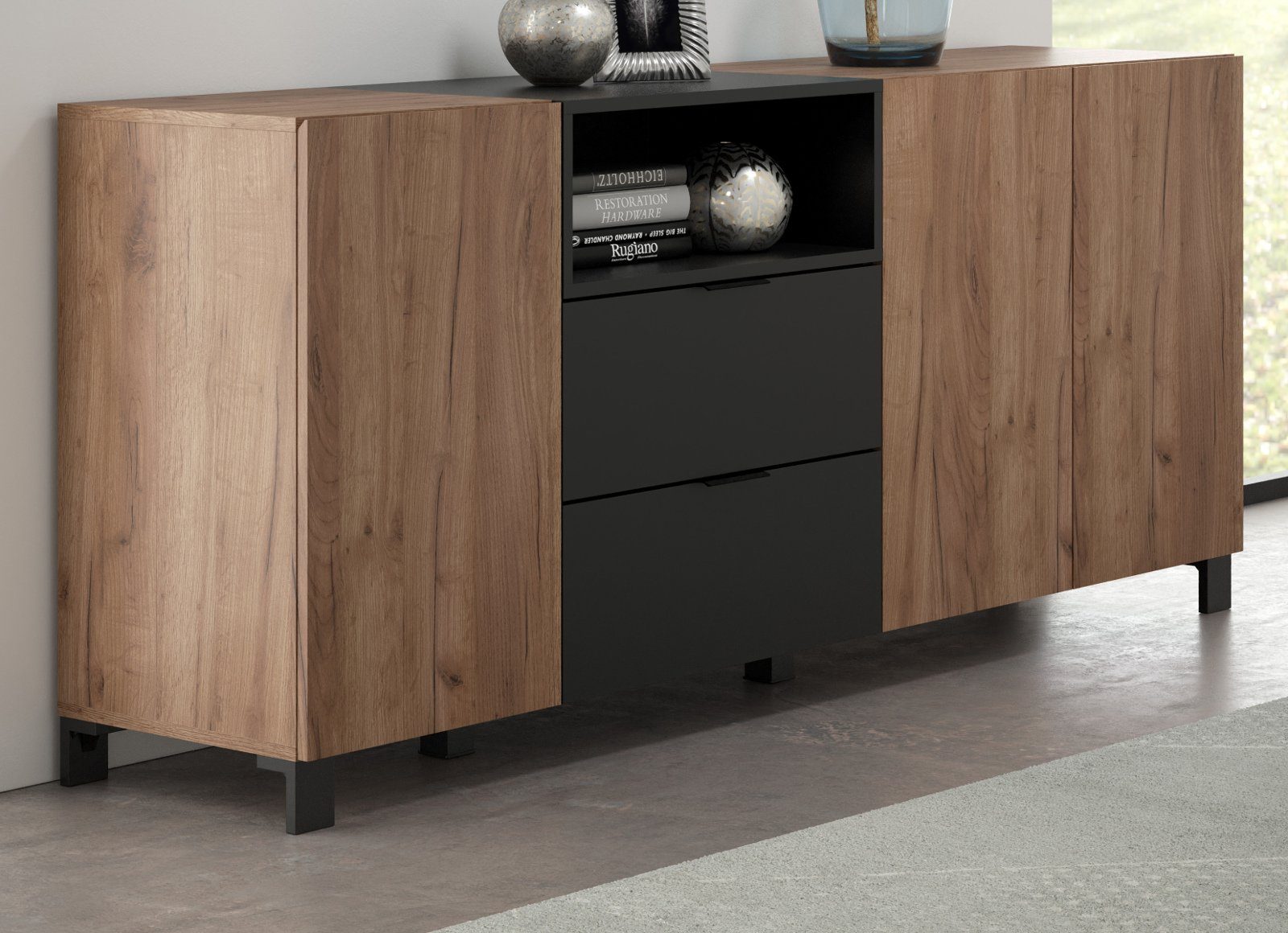 trendteam Sideboard Kendo (Anrichte in Eiche Tabak mit schwarz matt, 185 x 78 cm), mit extra viel Stauraum