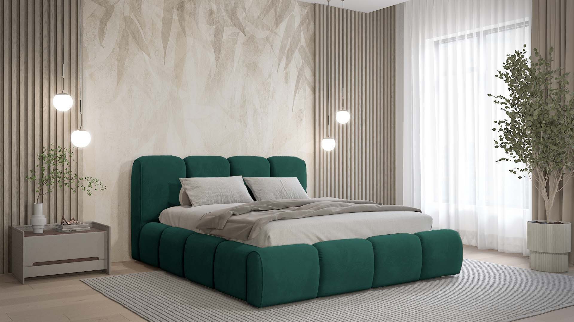 Goldstoff Polsterbett BELTANE - Rahmenbettgestell, mit Bettkasten und Lattenrost, Doppelbett (Stauraumbett, Design Bett), Inkl. Bettkasten, mit gepolstertem Kopfteil