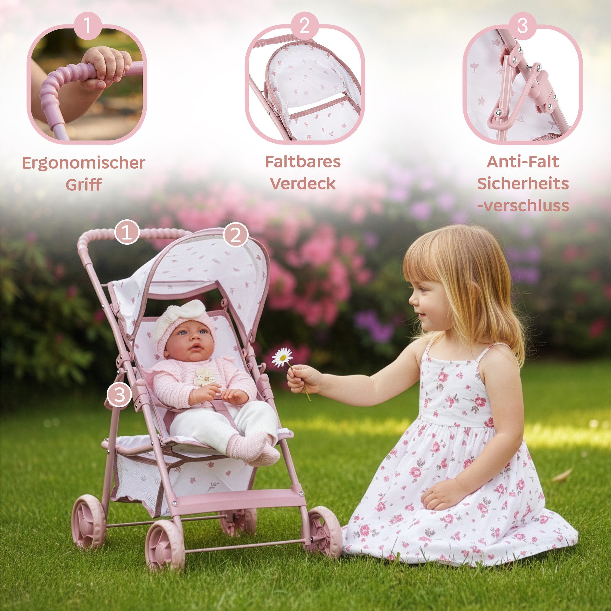 kinderplay Puppenbuggy Puppenwagen Buggy – leicht faltbar – Spielspaß für Kinder – rosa
