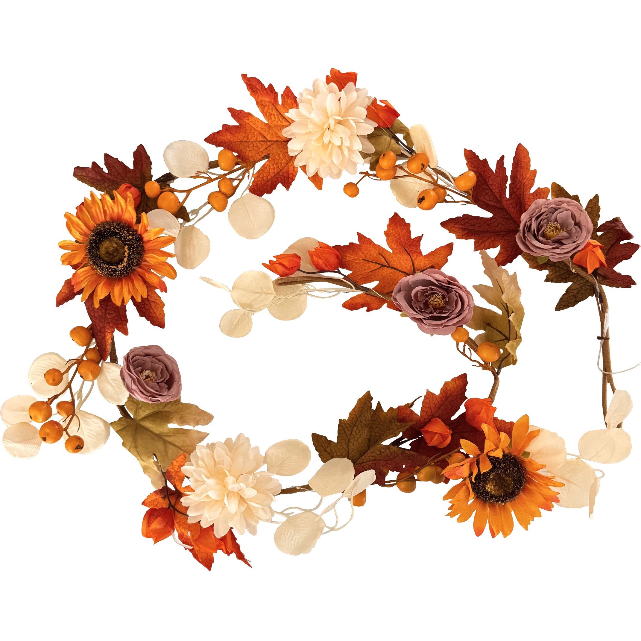 Kunstgirlande mit LED-Lichterkette & Timer zur herbstlichen Dekoration aus Herbstlaub, Sonnenblumen und Chrysanthemen, Online-Fuchs, Dauerleuchten oder Funkelef – Bild 4 von 4