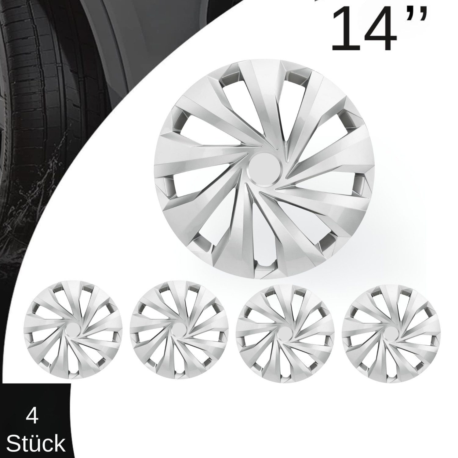 Trimak Radkappen 13-14-15-16 Zoll 4er Set Radzierblenden Silber Schwarz Schlagfest, Silber / 14-Zoll-Radkappen, ABS Kunststoff, Schlagfest, Hochwertig