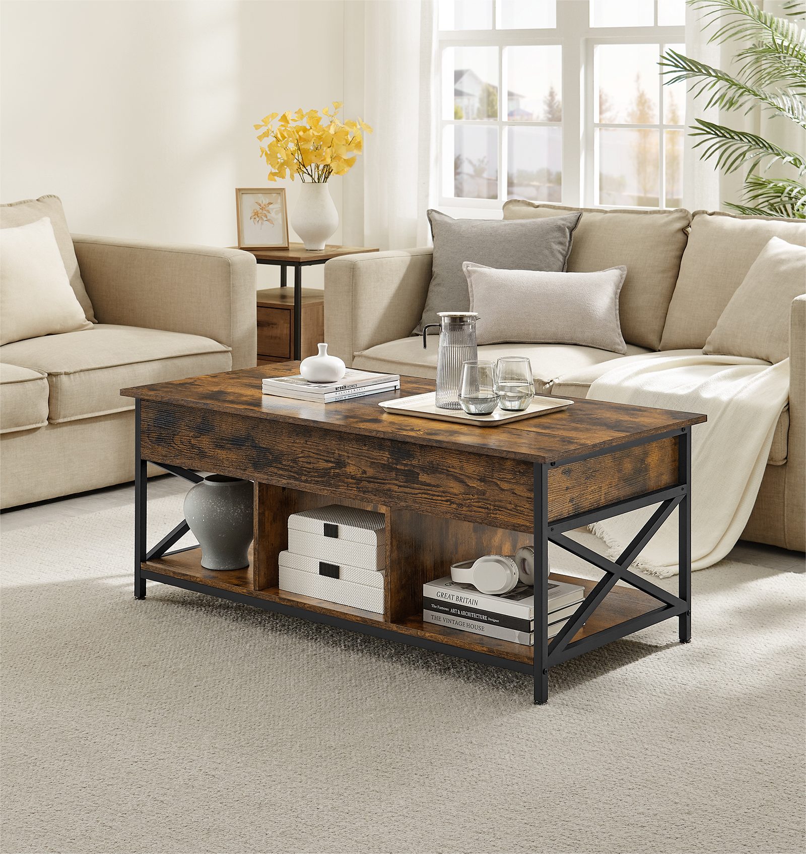 VASAGLE Couchtisch, höhenverstellbar, versteckter Stauraum, 60 x 100/120 x (48-62) cm