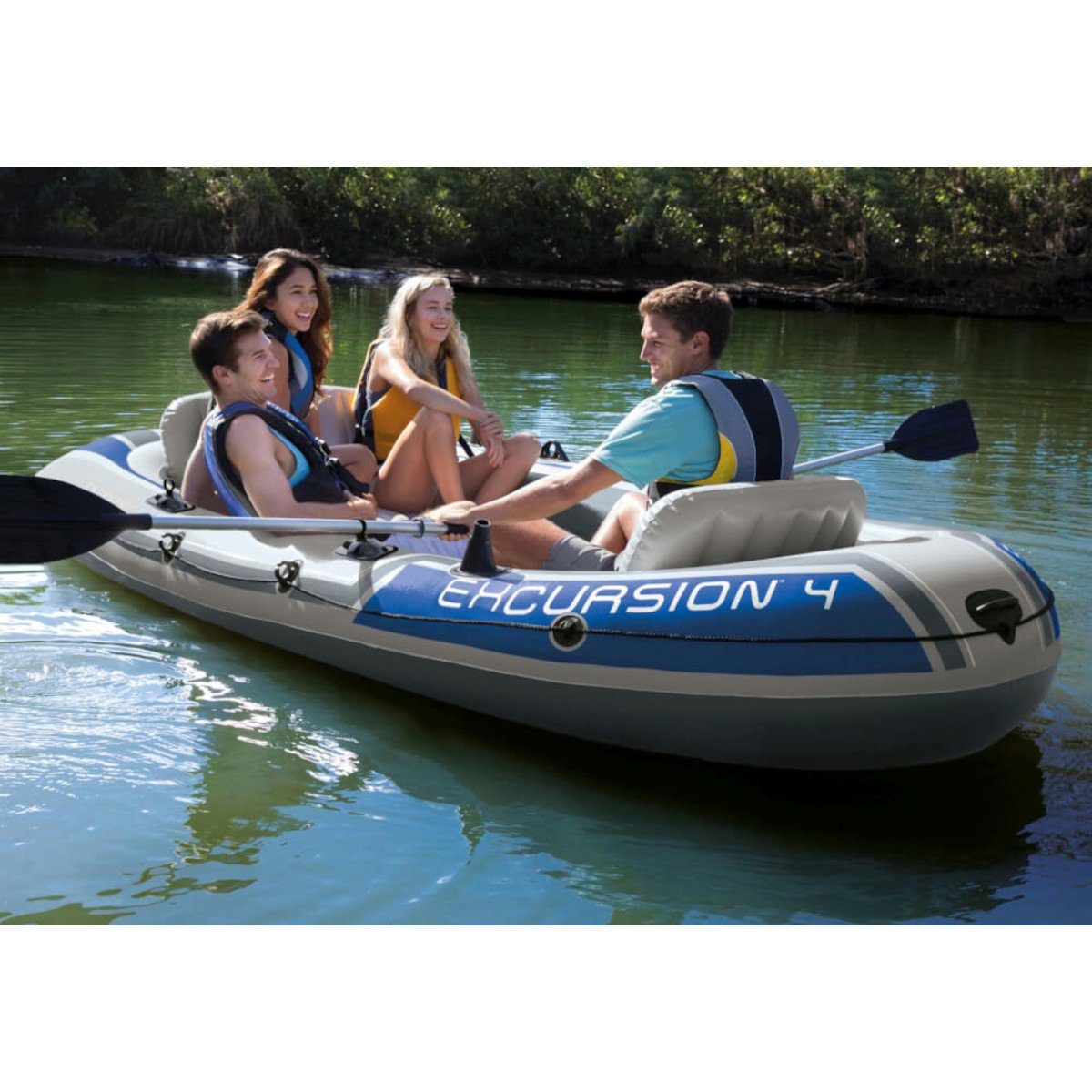 Intex Schlauchboot Excursion 4 Set + Außenbordmotor + Befestigung + Überdachung