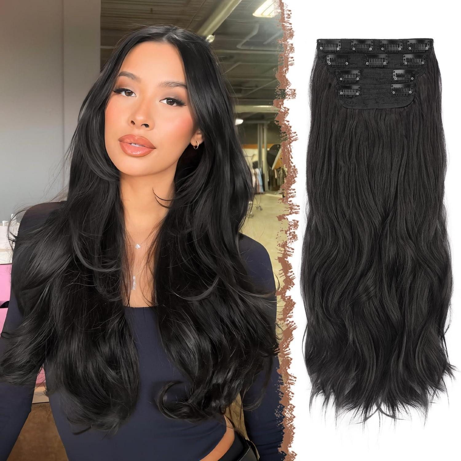 LuxusKollektion Kunsthaar-Extension Haarverlängerung Clipin 60cm 4Stk 2# Natürliches Schwarz 60 cm