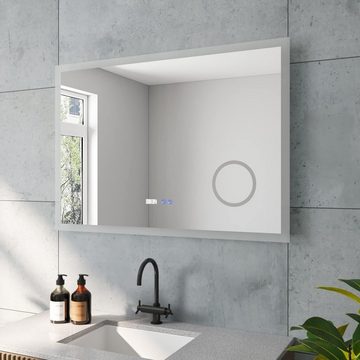 AQUALAVOS Badspiegel LED Badspiegel mit 6400K Kaltweiß Licht Beleuchtung Touch Wandspiegel, mit Uhr, Schminkspiegel mit Vergrößerungsfunktion für Gesichtsdetails
