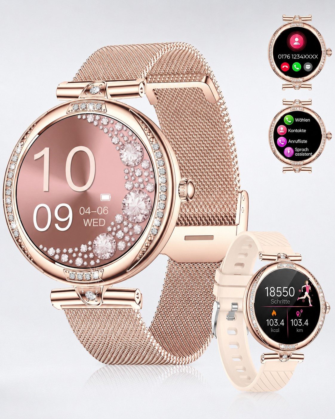 Futicare Smartwatch Damen im Schmuck-Look, 1,19 '' AMOLED Display, Smartwatch mit 16 mm schmales Armband, Bluetooth-Anrufe, App-Benachrichtigungen, Herzfrequenz, Schlafanalyse, Schrittzähler, Zyklus-Erinnerung, kompatibel mit Android 5.0 und iOS 10.0 oder höher