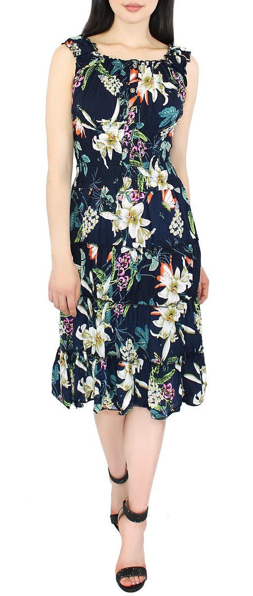dy_mode Sommerkleid Damen Sommerkleid Blumen Print Strandkleid Knielang Tailliert mit allover Blumen Print KL108-Tiefblau