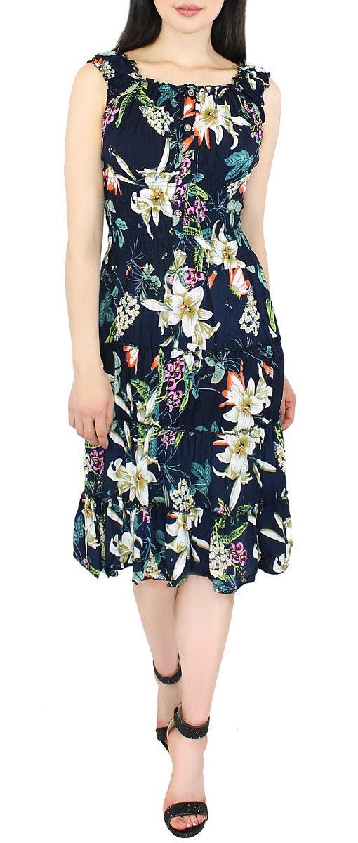 Sommerkleid Blumen allover Print Blumen Tailliert Strandkleid Print dy_mode Damen Sommerkleid mit KL108-Tiefblau Knielang