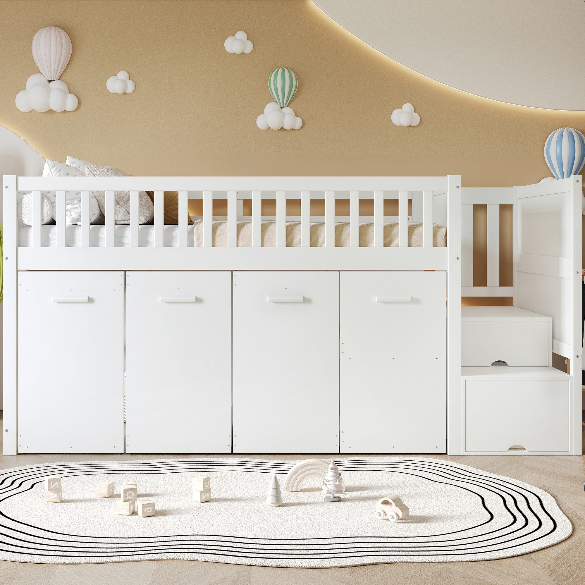 Flieks Hochbett Kinderbett 90x200cm mit herausnehmbarem Schreibtisch Gaderobe Schrank