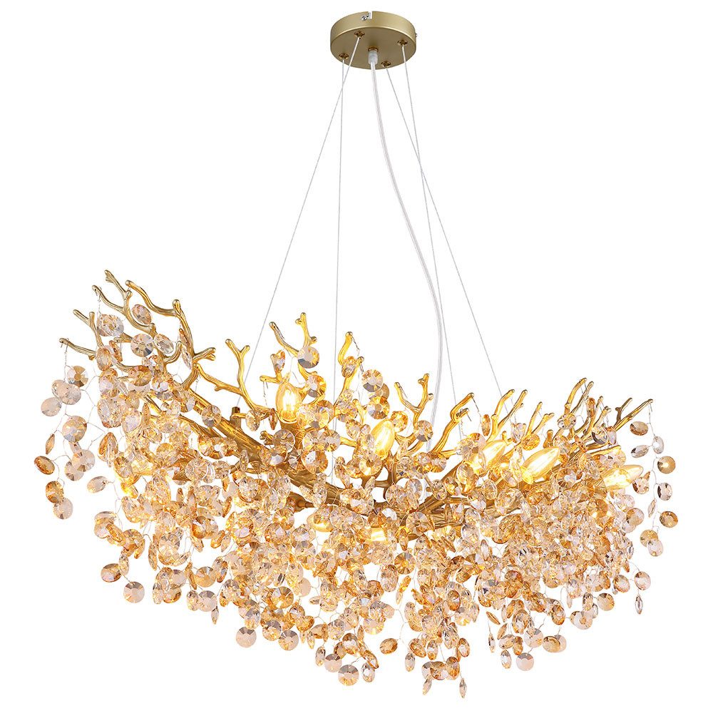 GLOBO LIGHTING Hängeleuchte, Leuchtmittel nicht inklusive, Kronleuchter Hängeleuchte Luster gold Glaskristalle amber L 100 cm