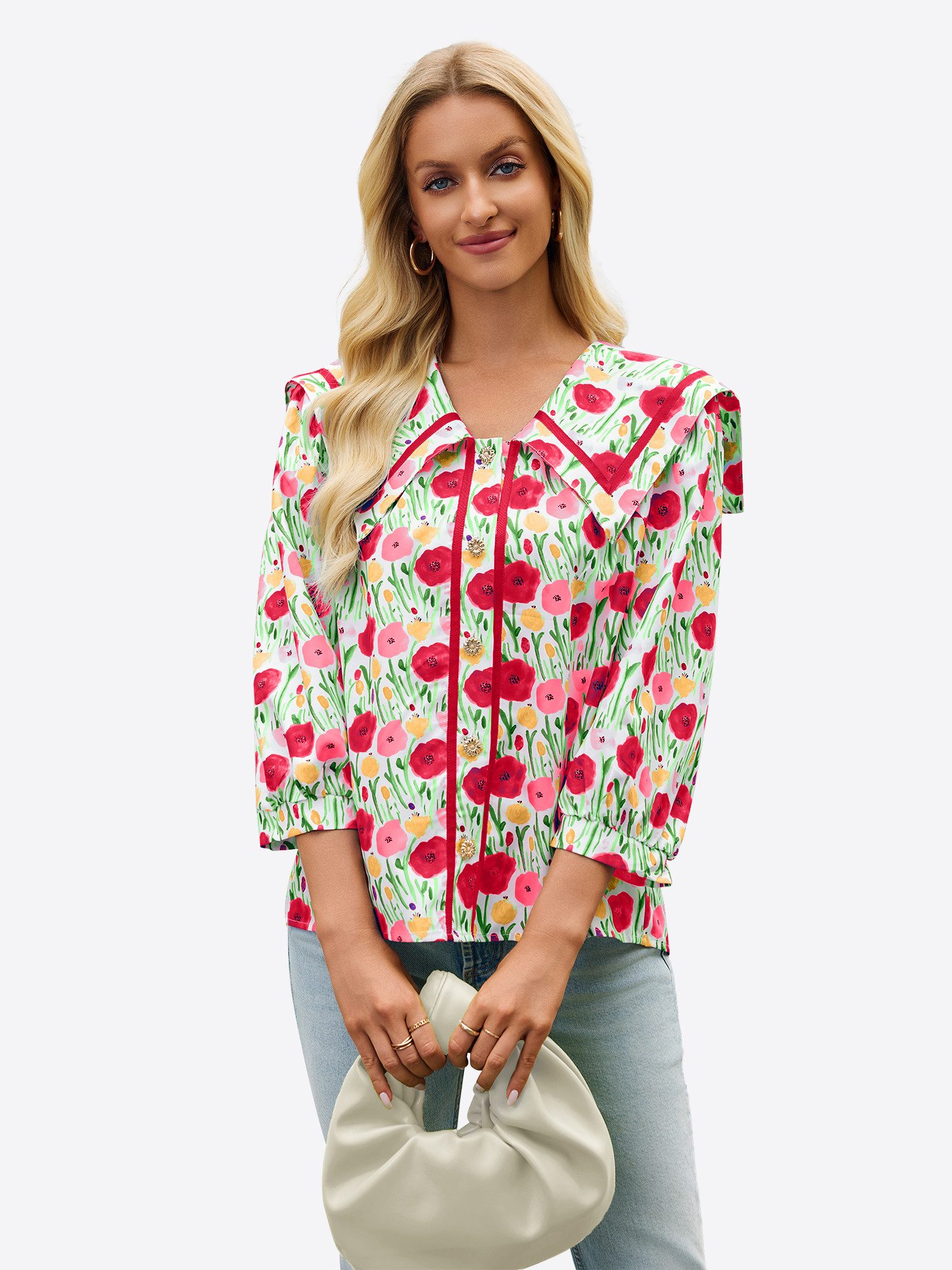 Imily Bela Druckbluse Damen mit Blumenmuster Knopfleiste 3/4-Puffärmeln qua günstig online kaufen
