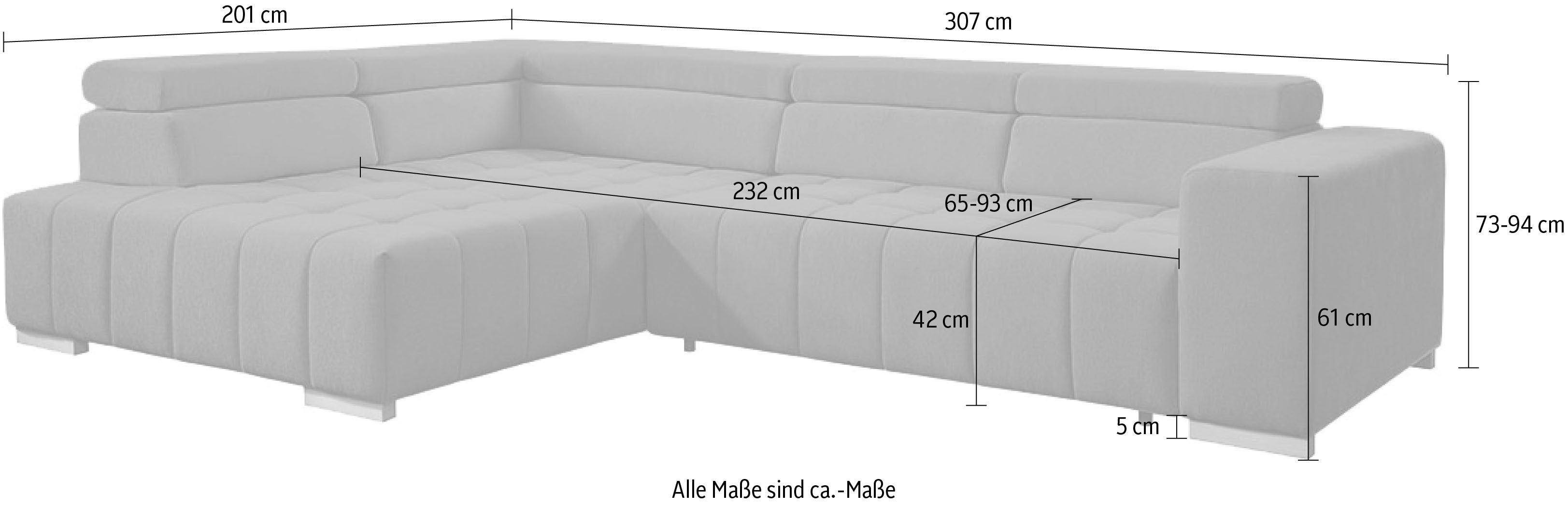 exxpo - sofa fashion Ecksofa Elianos, hoher Sitzkomfort, aufwendige Kreuzsteppung im Sitz, L-Form, Kopfteile & Sitztiefe verstellbar, ohne Bettfunktion