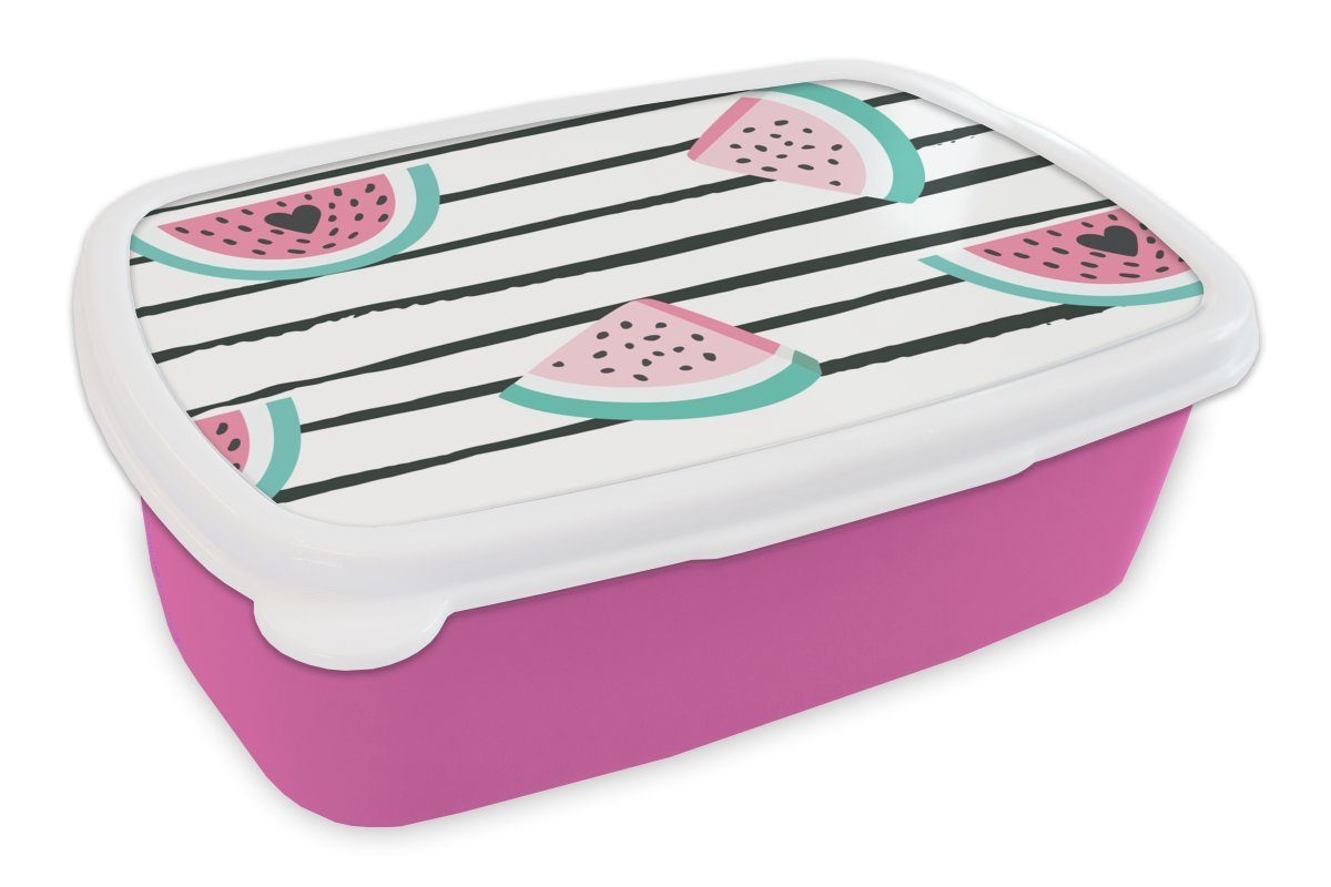 MuchoWow Lunchbox Wassermelone - Sommer - Schwarz, Kunststoff, (2-tlg), Brotbox für Erwachsene, Brotdose Kinder, Snackbox, Mädchen, Kunststoff rosa