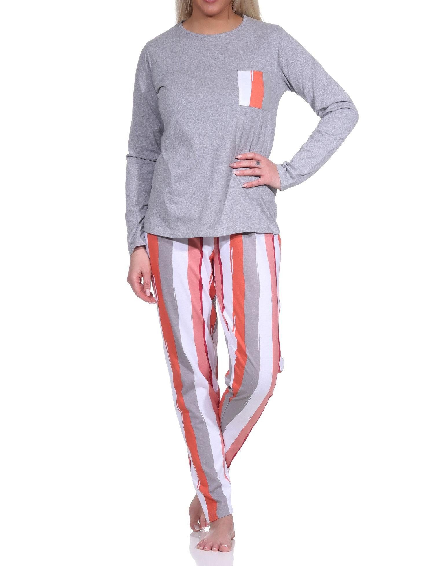 Pyjama Damen Schlafanzug lang mit tollem Farbzusammenspiel-Optik