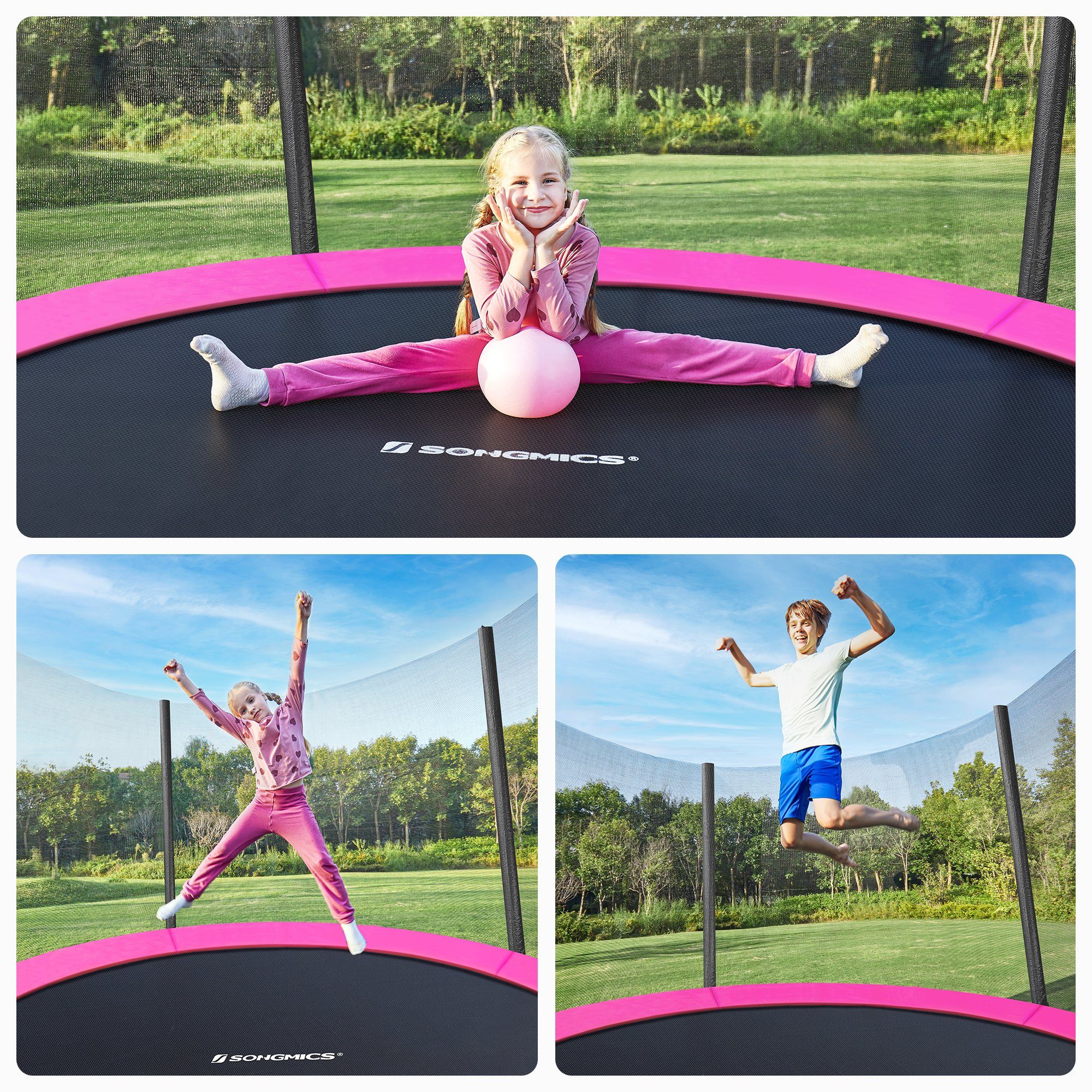SONGMICS Gartentrampolin Trampolin Outdoor, Ø 183 cm, bis 100 kg belastbar, für Garten, mit Sicherheitsnetz, Sicherheitsabdeckung, schwarz-rosa