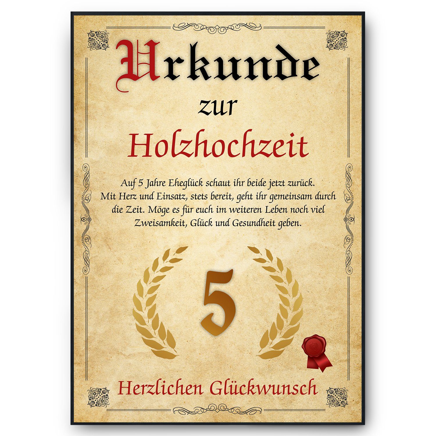Tigerlino Poster Urkunde zum 5. Hochzeitstag Geschenk 5. Jahrestag Karte Ehepaar, Holzhochzeit