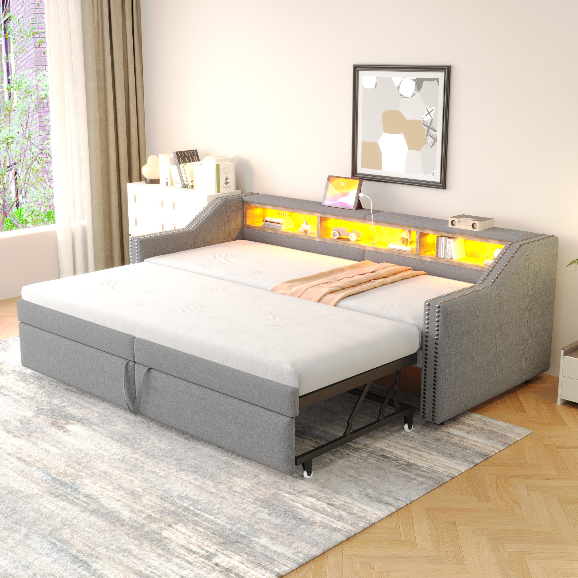 STILVORA Schlafsofa mit Bettfunktion,Polsterbett 90x200 mit LED,Tagesbett ausziehbar, Polsterbett 90/180x200 cm, ausziehbarem Bettgestell – Platzsparendes Gästebett, ohne Matratze