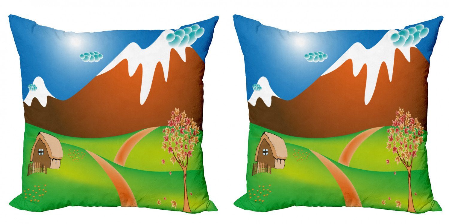 Accent Landschaft Digitaldruck, Doppelseitiger (2 Abakuhaus Cartoon-Land-Szene Stück), Modern Kissenbezüge