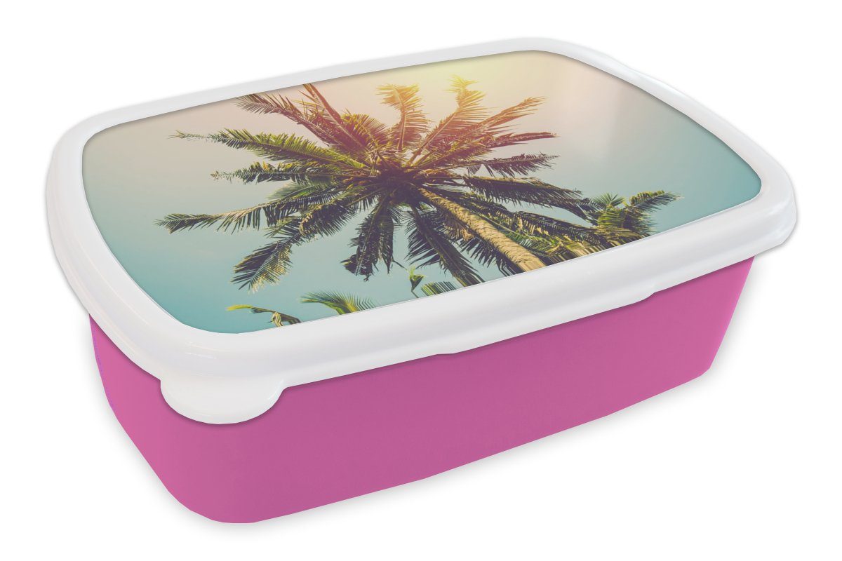 MuchoWow Lunchbox Palme - Sommer - Brotbox Snackbox, Mädchen, Brotdose Tropisch rosa Kunststoff, Sonne, Erwachsene, (2-tlg), für - Kunststoff Kinder