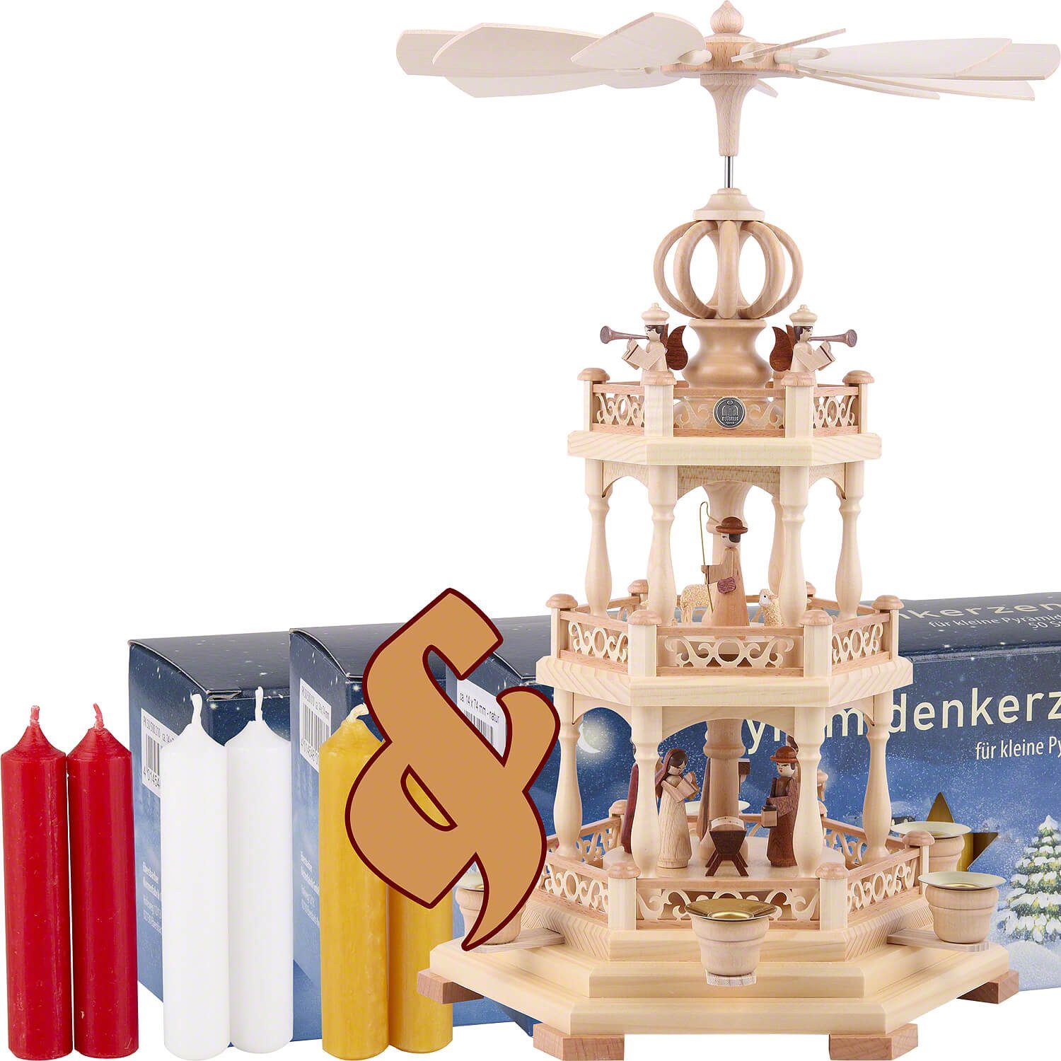 Erzgebirge-Palast Weihnachtspyramide Set 3-stöckige Pyramide Heilige Geschichte und drei Packungen Свечи r