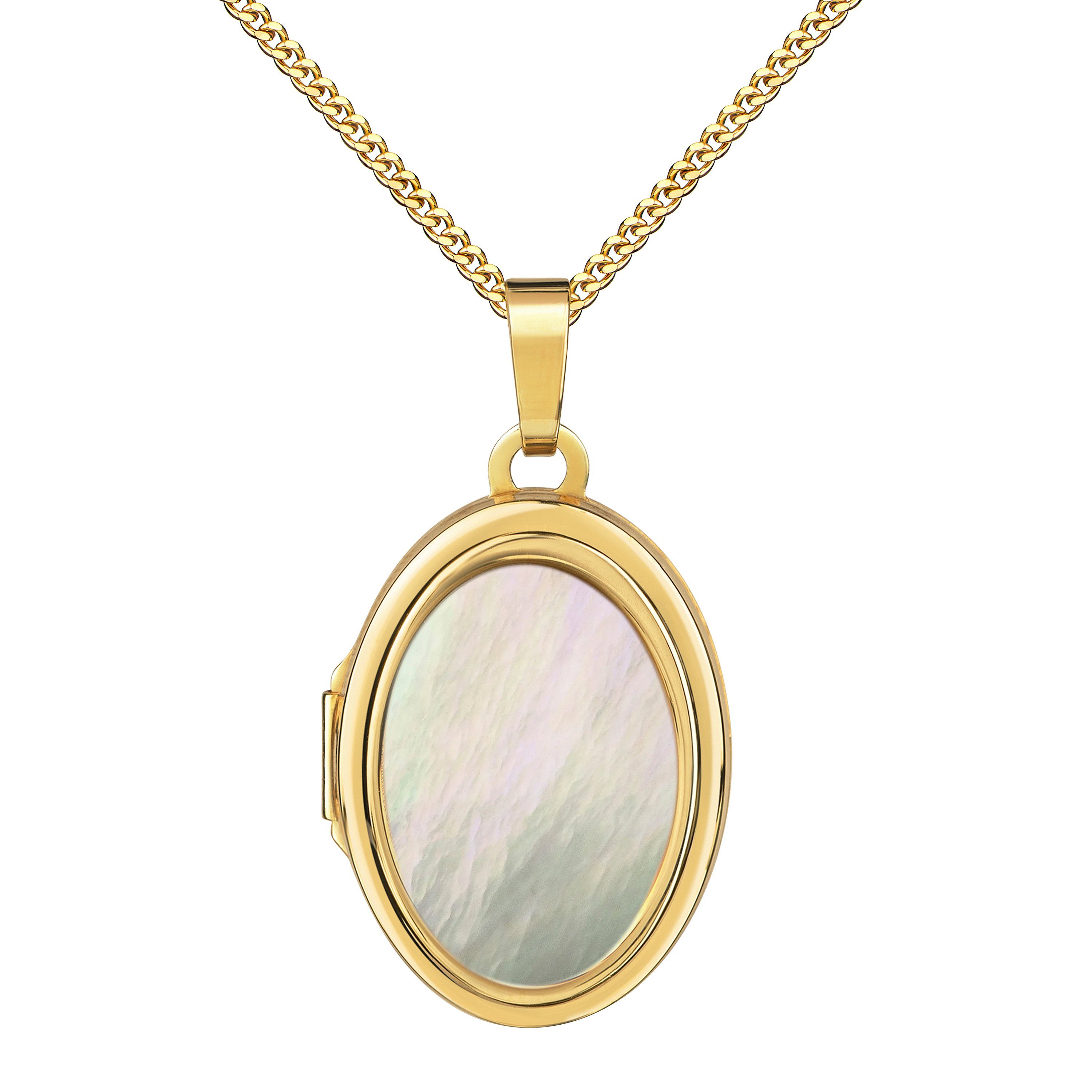Kette mit Anhänger Medaillon 585 Gold Amulett Perlmutt-Einlage zum Öffnen oval 2 Fotos