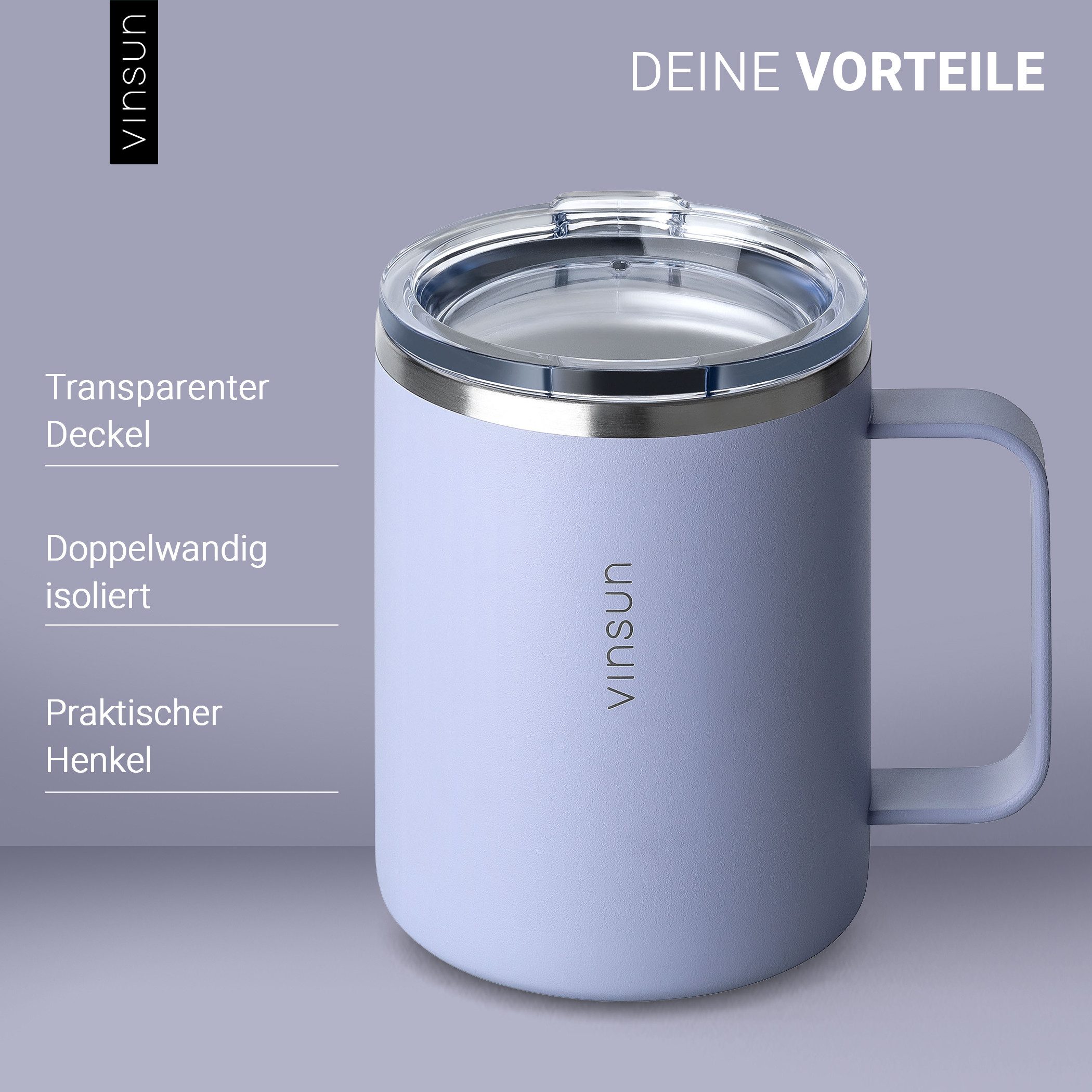 Vinsun Thermobecher Edelstahl Isolierbecher 350ml - Kaffeebecher mit Henkel und Deckel, 2-tlg., Edelstahl, Doppelwandig isoliert, BPA frei, bruchfest, Kalt- und Heißgetränke
