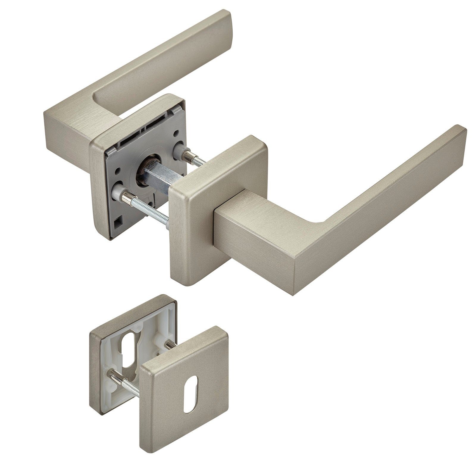 SO-TECH® Drückergarnitur Türdrücker CUBE Edelstahloptik matt 120x22mm Vierkant 8x8 mm, Buntbart Türgarnitur für Zimmertür Rosettengarnitur