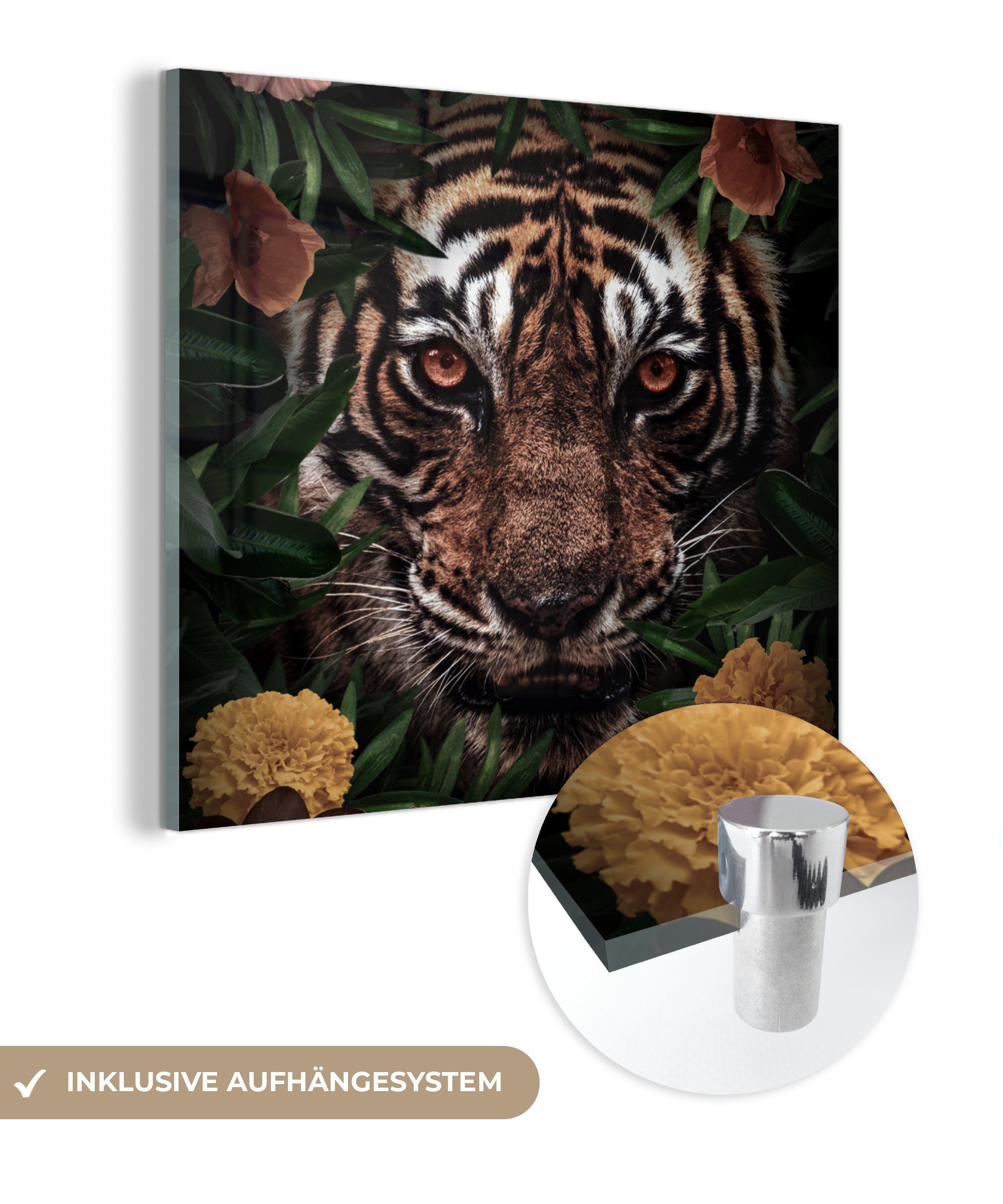 MuchoWow Acrylglasbild Tiger - Dschungel - Blumen, (1 St), Glasbilder - Bilder auf Glas Wandbild - Foto auf Glas - Wanddekoration