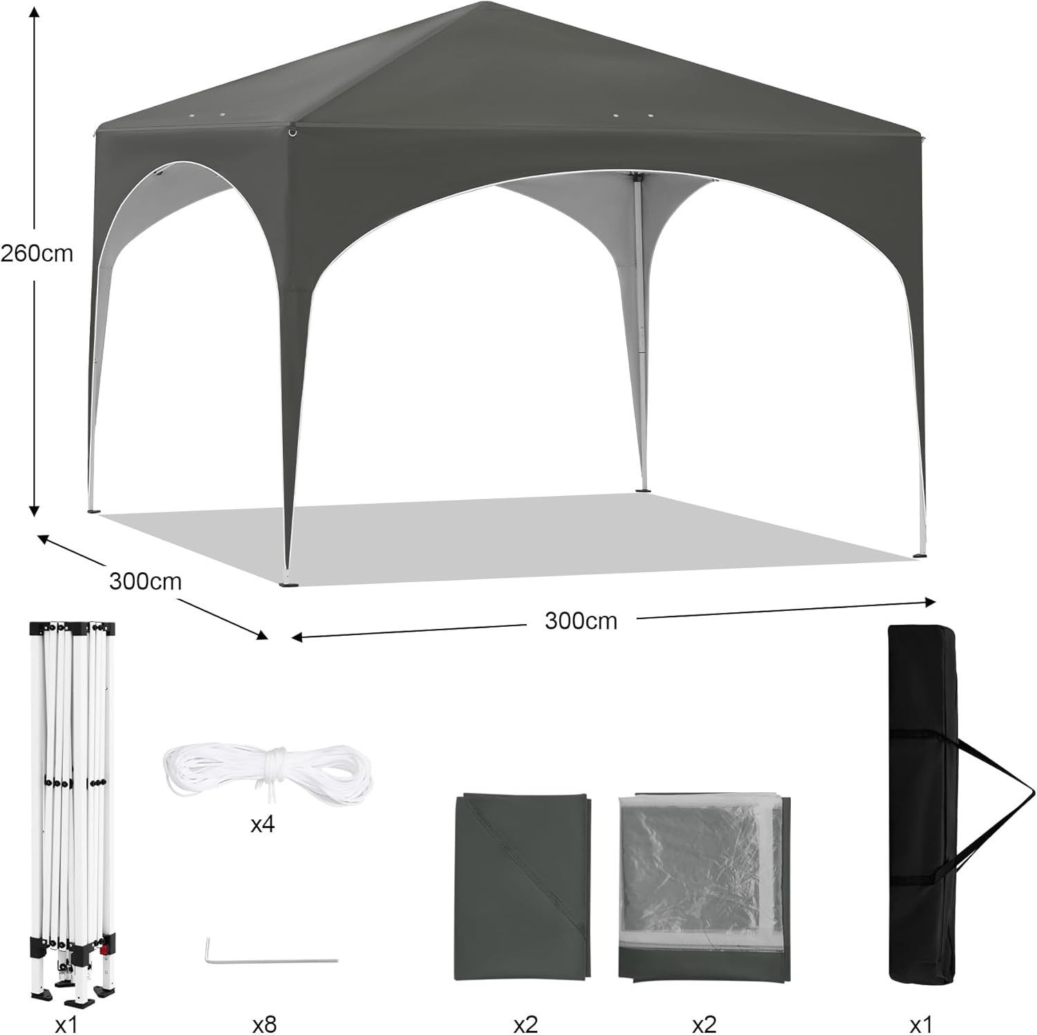 EUGAD Pavillon, mit 4 Seitenteilen, Pop-Up Faltpavillon, 3x3 m, mit Seitenwänden Fenstern Tasche, stabil