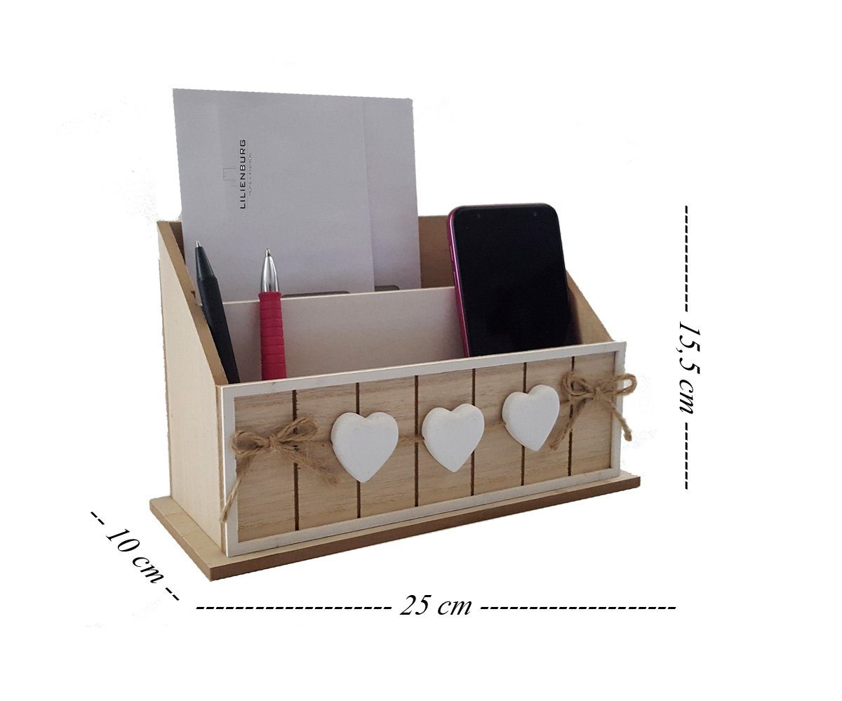 LB H&F Lilienburg Briefablage LB H&F Briefablage Papierablage Schreibtisch-Organizer Utensilo (Stifteablage Holz Herz 25cm Aufbewahrungsbox Deko Schreibtisch Postablage Posthalter Briefhalter Shabby Büro Landhaus Stiftehalter Handyhalter Handyablage Briefe Stifte), weiße Herzen