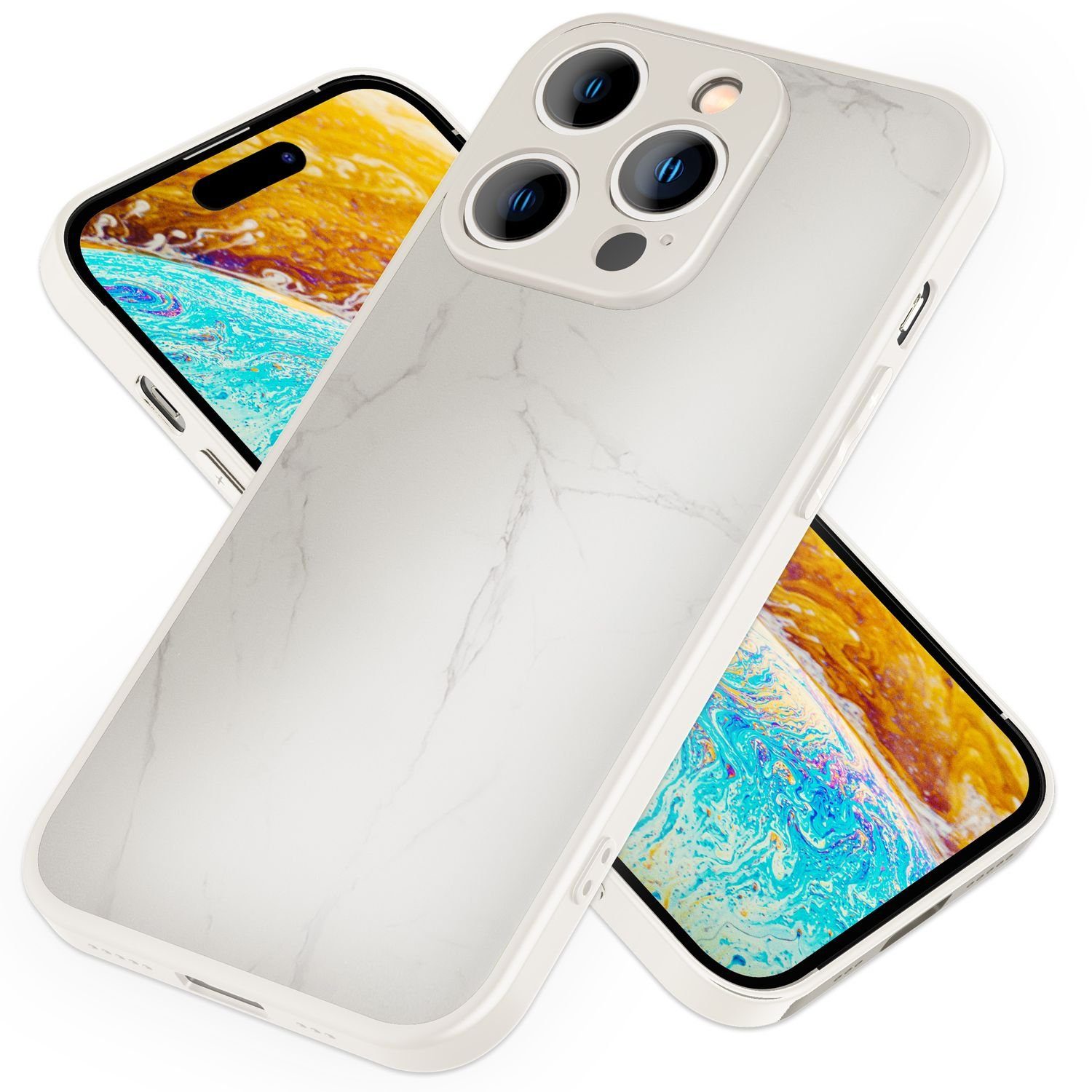 Nalia Smartphone-Hülle Apple iPhone 14 Pro 15,5 cm (6,1 Zoll), Hartglas Hülle Marmor-Optik / 9H Tempered Glass / Robust / Marble Case