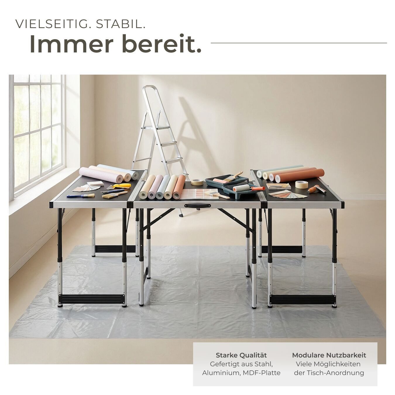 tectake Tapeziertisch 3er Set Tapetentisch klappbar, 300 x 60 x 73 - 94 cm (Mehrzwecktische, 3-St., in schwarz), 4-fach höhenverstellbar, mit Kantenschutz und Tragegriff