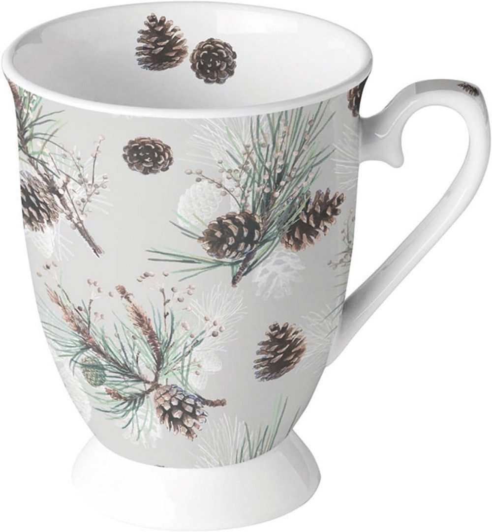 Ambiente Luxury Paper Products Tasse Porzellan, Becher Tee, Kaffee, Sommer Blumen Mug Kollektion, Material Porzellan Becher / Tasse ca. 0,25 Rundum mit Tannenzapfenmuster, Tannen, Zapfen Kollektion, Winter, Herbst, Frühling Kollektion, ideal als Geschenk