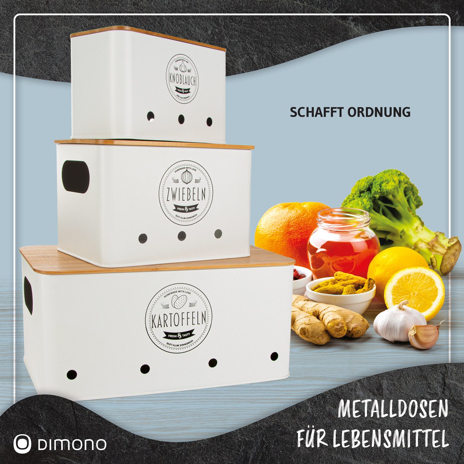 Dimono Aufbewahrungsbox Dimono 3er Vorratsbox Set–Gemüseaufbewahrung für Kartoffeln & Zwiebel (Frischhaltedose, Lebensmittel-Box), Ideal für Zwiebeln, Kartoffeln & Knoblauch